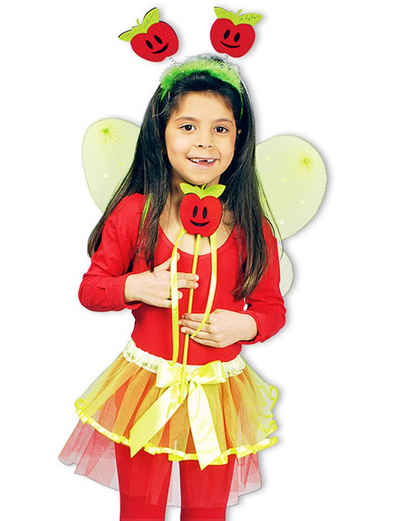 Das Kostümland Kostüm Apfel Kostümset für Mädchen - 4-tlg. mit Tütü und Feenflügeln, Faschingskostüm Thema Obst Natur