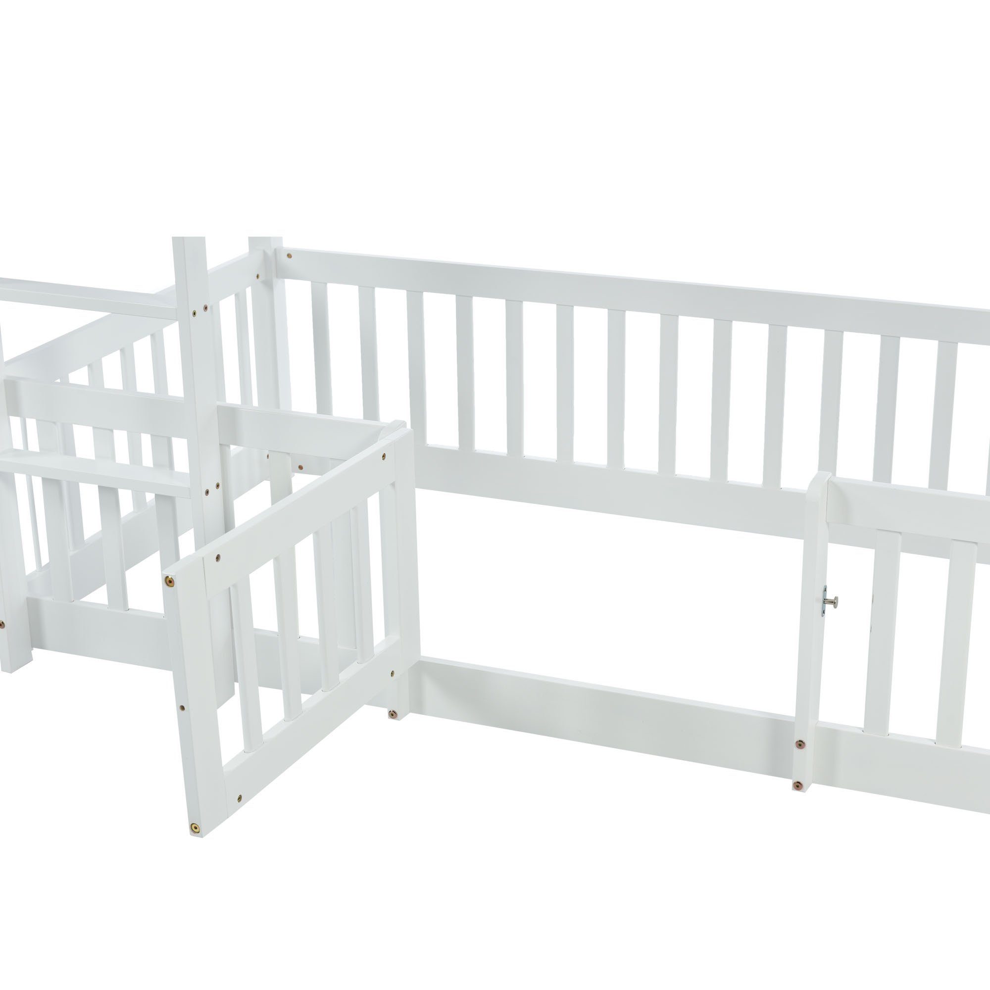 Etagenbett (Hochbett 90x200 cm mit Lattenrost und Rausfallschutz), Kinderbett mit Leiter, Zäune und Tür, aus massivem Kiefernholz