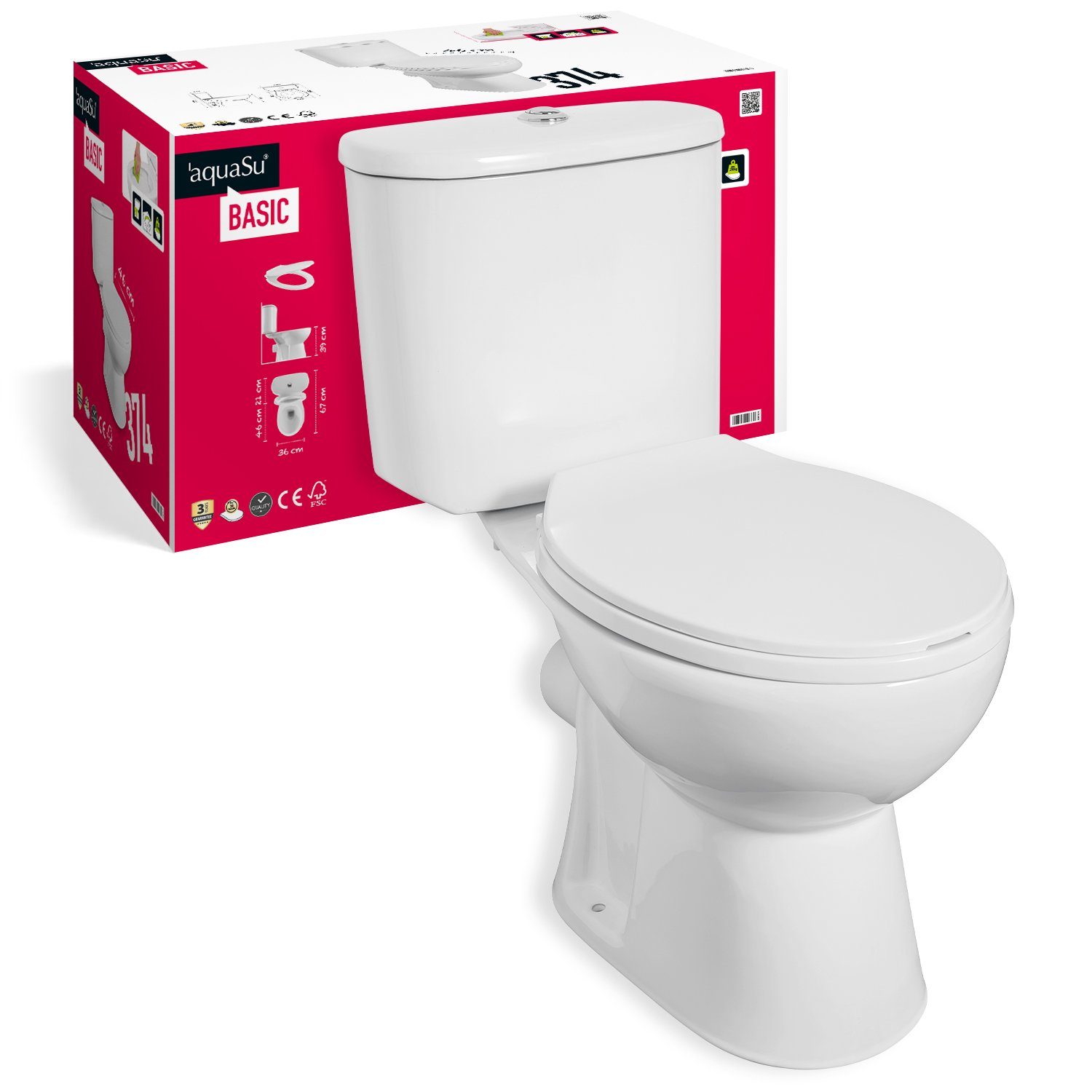 aquaSu Tiefspül-WC, Bodenstehend, Abgang Waagerecht, WC-Kombination, spülrandlos, WC-Sitz mit Absenkautomatik, 020374