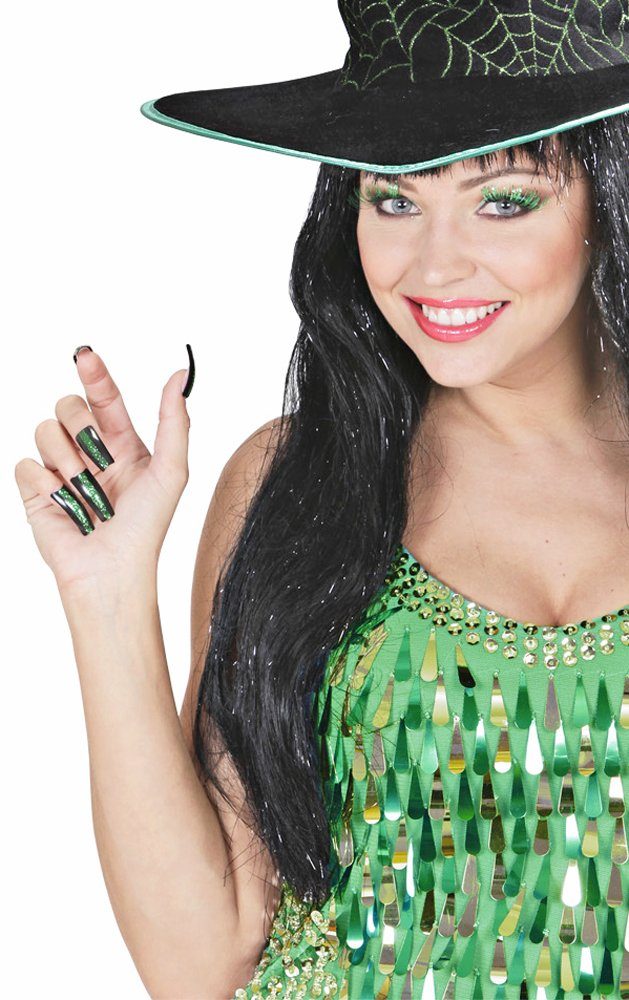 Theaterschminke Glitzer Wimpern und Künstliche Nägel Set Grün