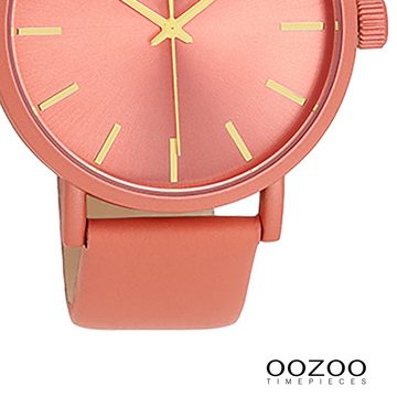 OOZOO Quarzuhr Oozoo Damen Armbanduhr Timepieces Analog, (Analoguhr), Damenuhr rund, groß (ca. 42mm), Lederarmband pfirsichrosa, Fashion