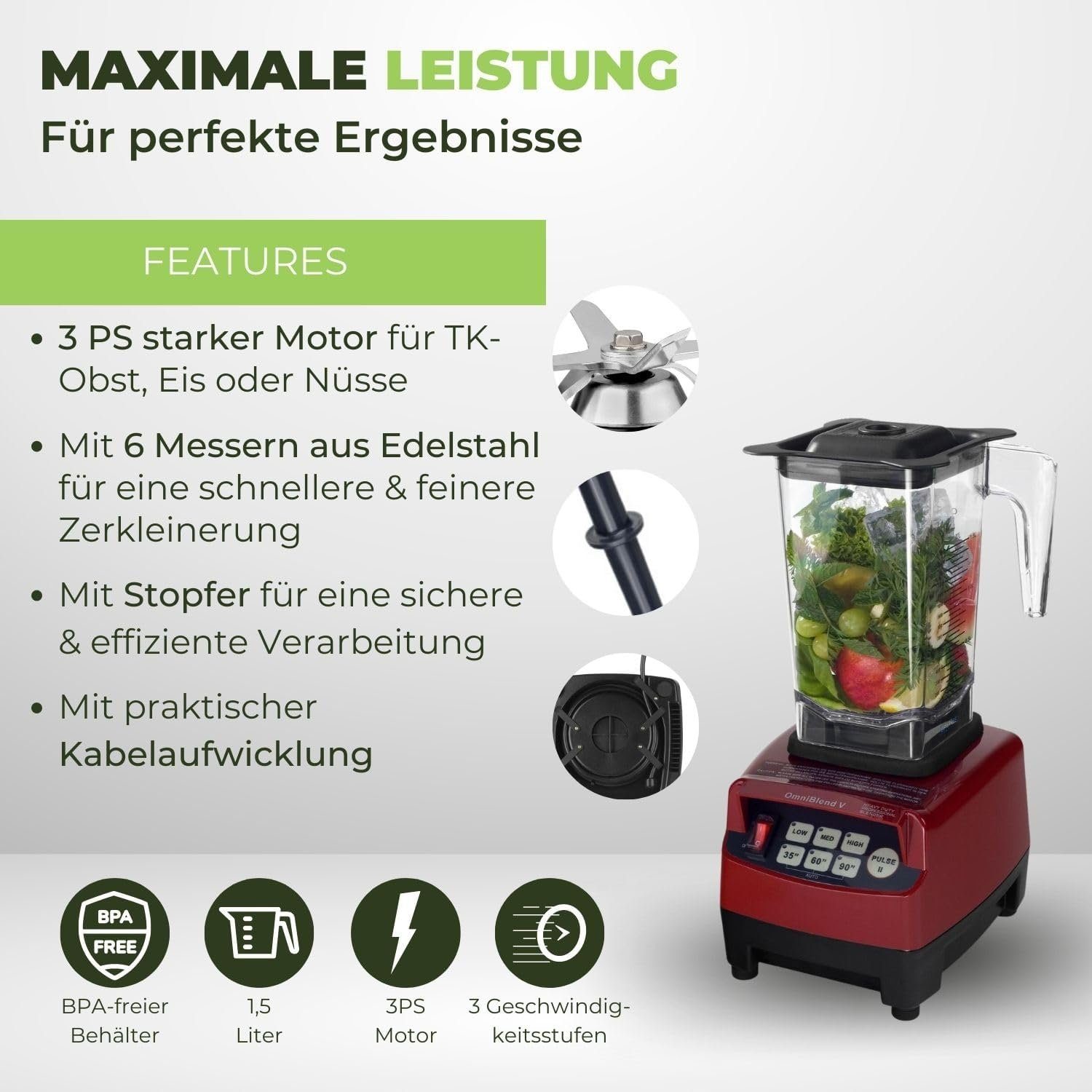 OmniBlend Standmixer JTC Omniblend V Hochleistungsmixer Standmixer Smoothiemaker 1,5Liter, 1200,00 W