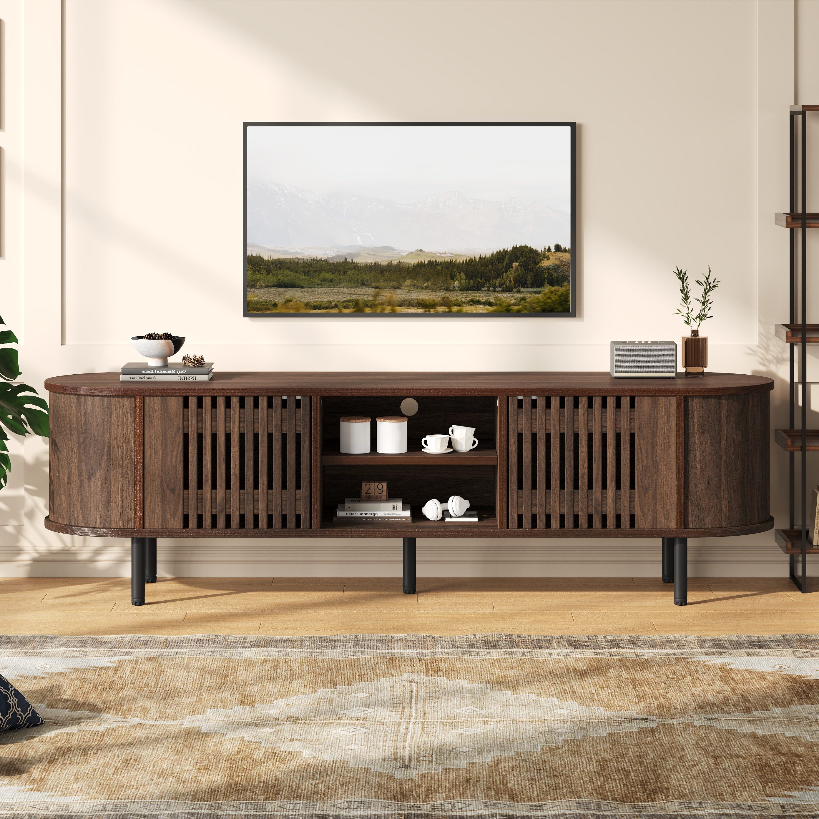 MC Star TV-Ständer Wohnzimmerschrank mit durchbrochenem Holzdesign, (Lowboard mit 2 Schränken, Walnussfarbener Fernsehtisch,TV-Ständer mit 5 Stützbeinen,Geeignet für 65-Zoll-Fernseher)