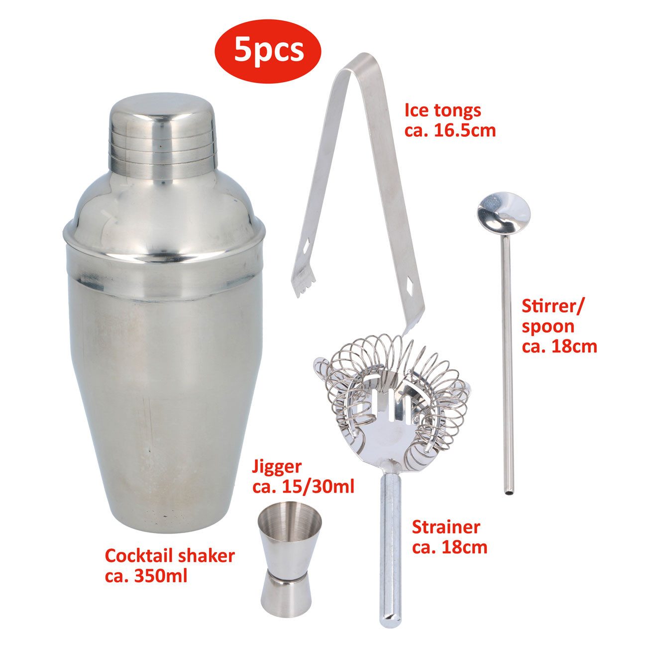 *Alpina* Cocktail-Set 5-teiliges Set 350ml Edelstahl: Shaker, Zange, Maß, Sieb, Löffel, (5-tlg), Edelstahl - Rostfrei