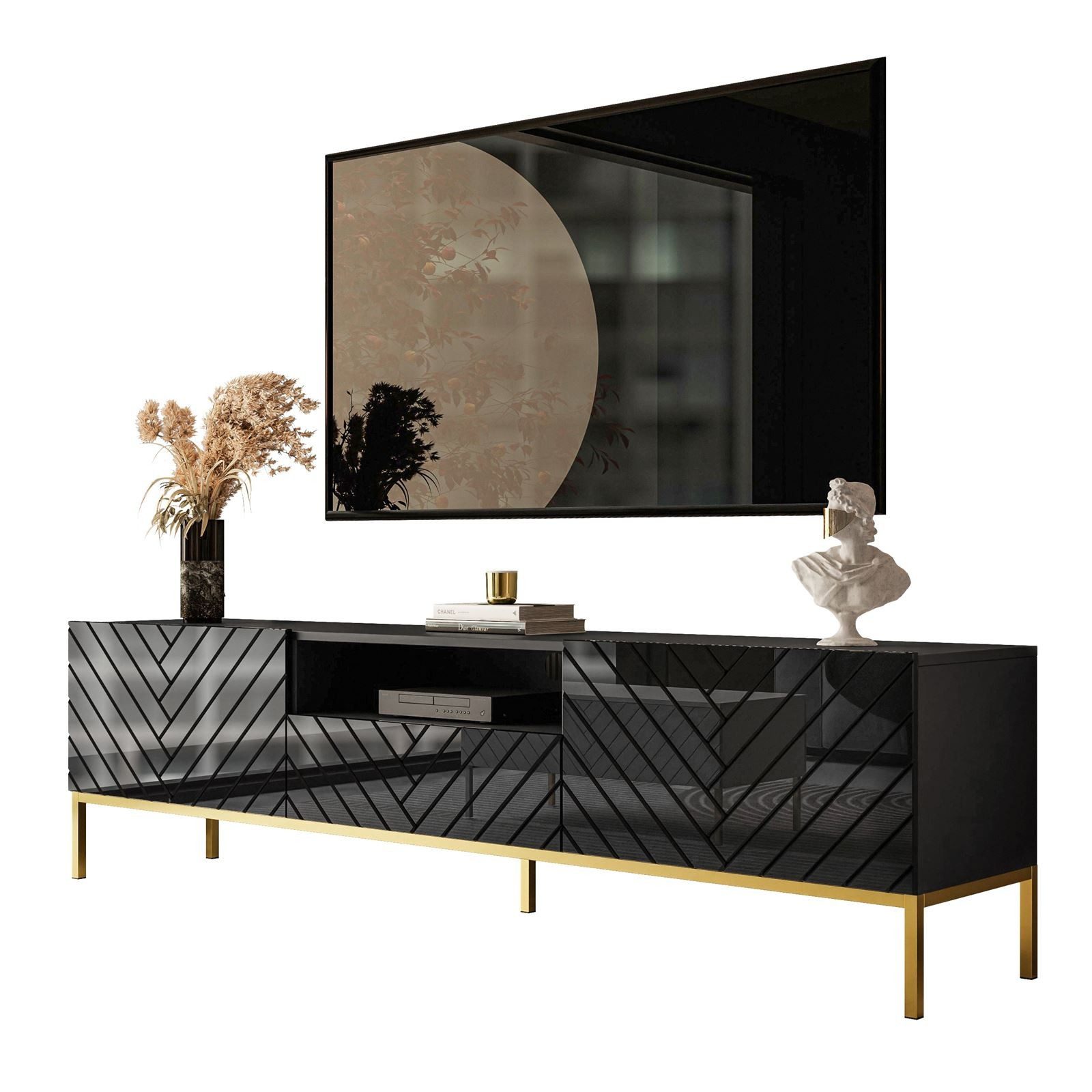 ALLHOUSE24 Lowboard Lowboard ELISE 190 Fischgrätenfront Hochglanz GOLD Metallgestell (1x TV Schrank), Breite 190 cm
