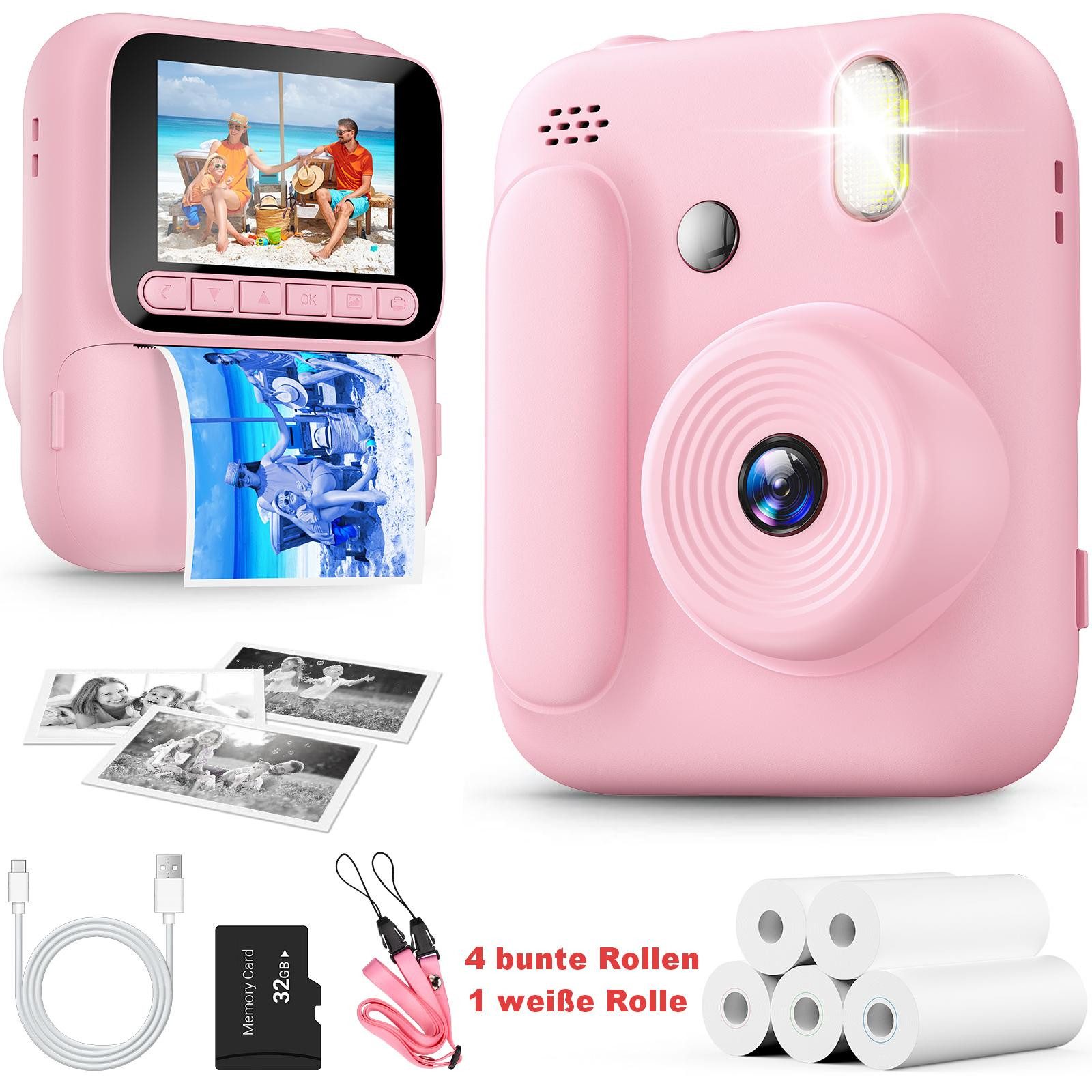 AIBISTAR Kinderkamera 5x Papier 32GB 1080P Rosa sofortbildkamera Kinderkamera (Standardobjektiv, Standardobjektiv, 1080 MP, 5x opt. Zoom, Netzwerkstandard, inkl. Set, MP3-Player & 4 Puzzlespiele, Über 30 lustige Filter & Rahmen)