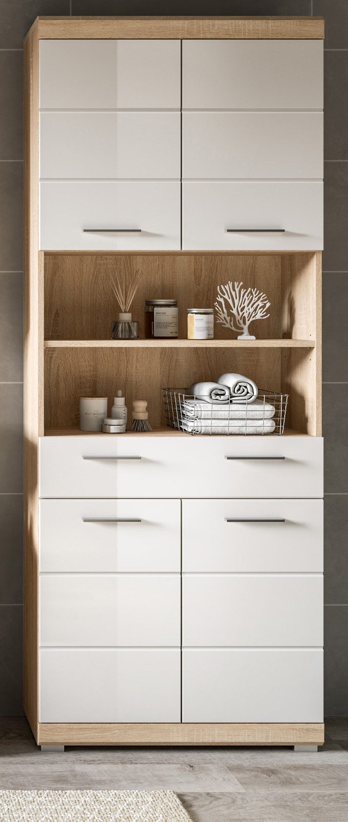 Inn.Furn Hochschrank Mambo (Badschrank in weiß Hochglanz und Eiche, 4-türig günstig online kaufen