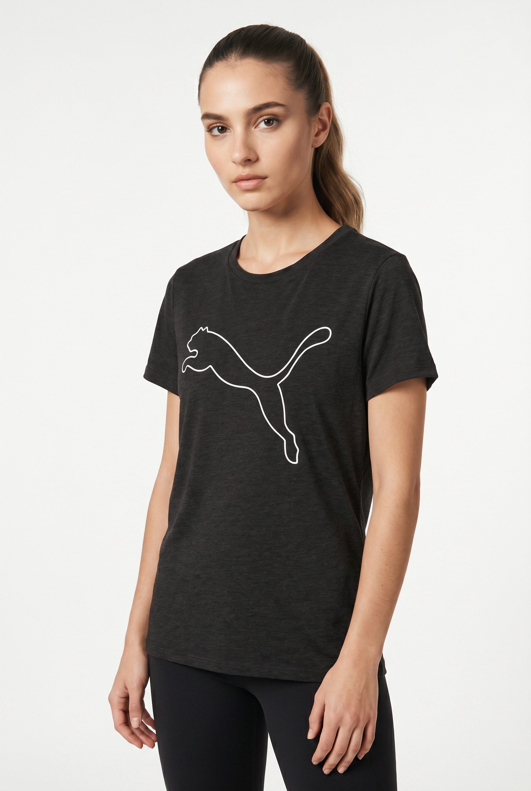 PUMA Trainingsshirt W TAD ESSENTIAL HEATHER LOGO TEE Kurzarm, sportliches T-Shirt, für sportliche Aktivitäten