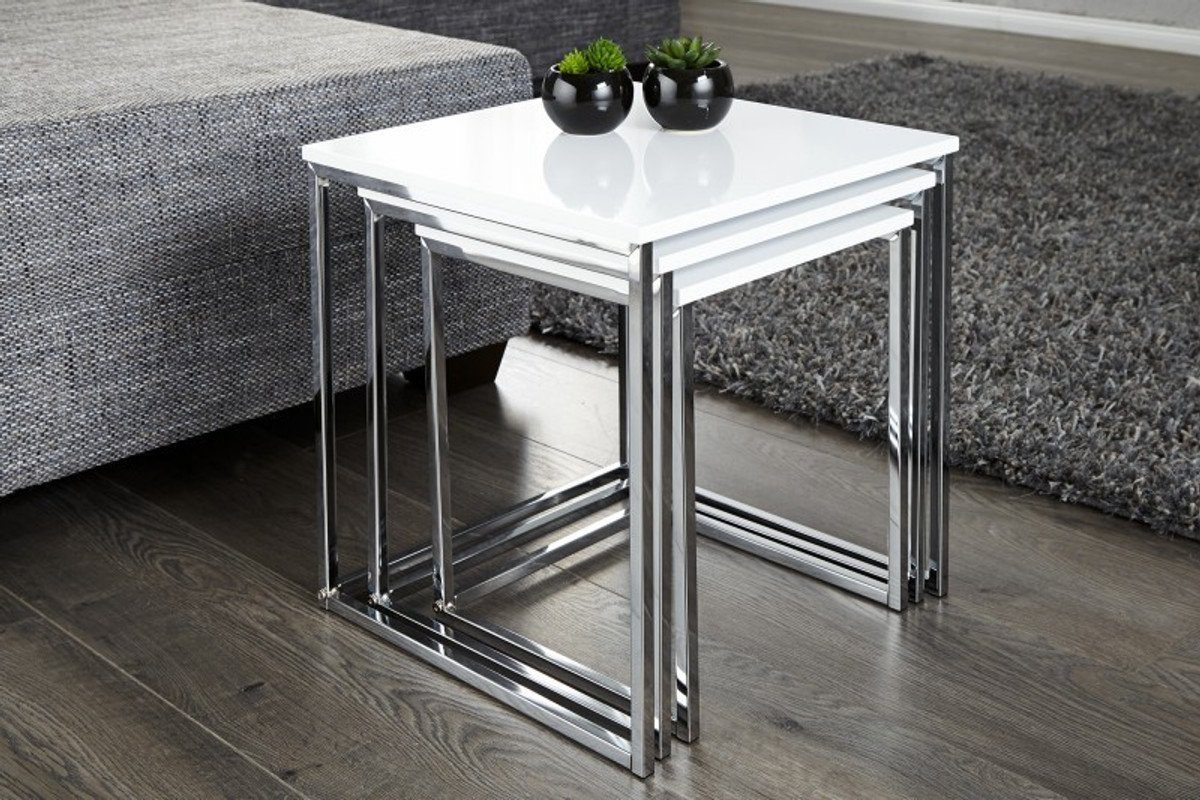 Beistell Casa - Tisch Set Weiß/Chrom Beistelltische Set Padrino Beistelltisch 3er
