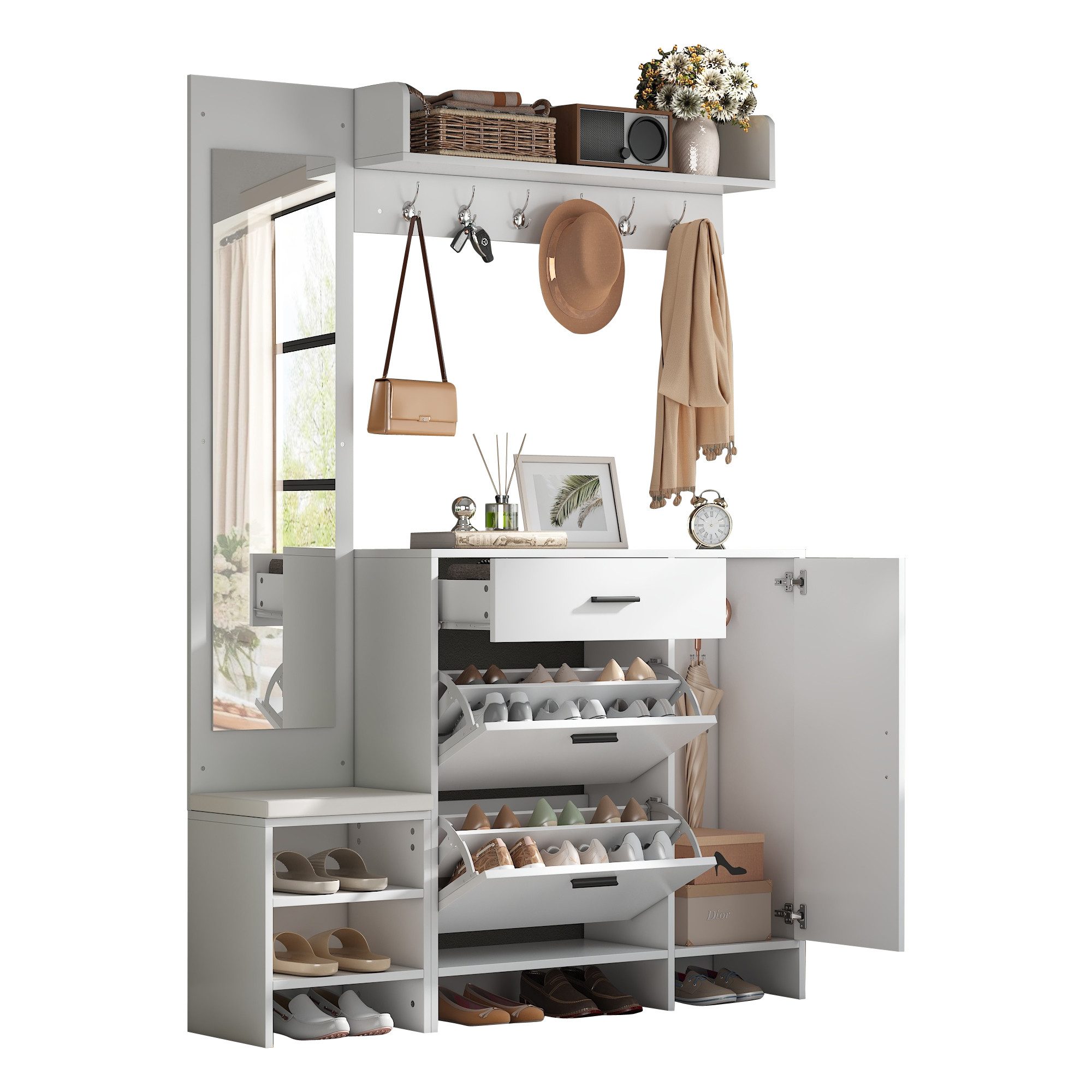 KLAM HOME Garderoben-Set Weißer MDF-Garderobenständer mit Spiegel und Sitzbank, (Kombinierter Schuhschrank mit Haken & vielfältigem Stauraum), Komplette Flurgar – Bild 2 von 5