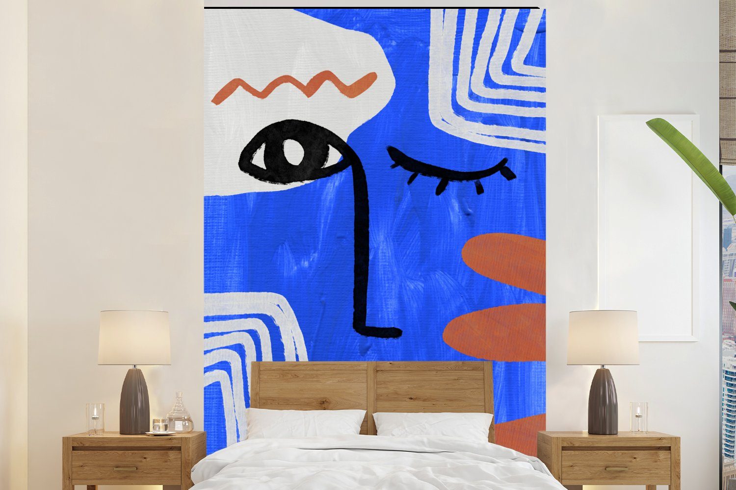 MuchoWow Fototapete Gesicht - Abstrakt - Blau, Matt, bedruckt, (3 St), Montagefertig Vinyl Tapete für Wohnzimmer, Wandtapete