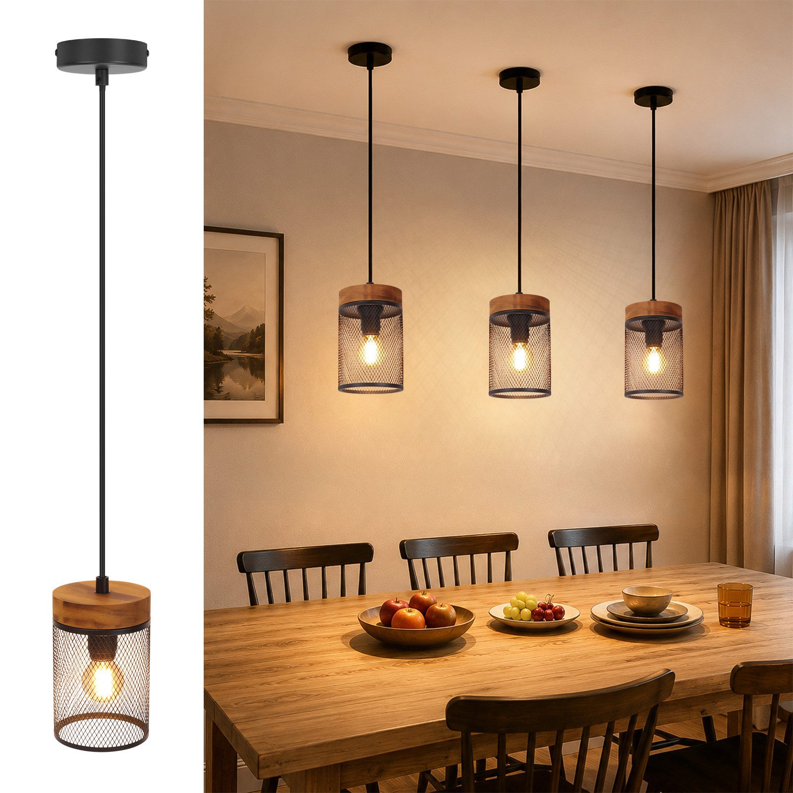 Nettlife Pendelleuchte Vintage Schwarz 1/3/4flammige E14 Industrial Holz Gitter Lampenschirm, ohne Leuchtmittel, Retro Küchenlampe hängend für Esszimmer Küche