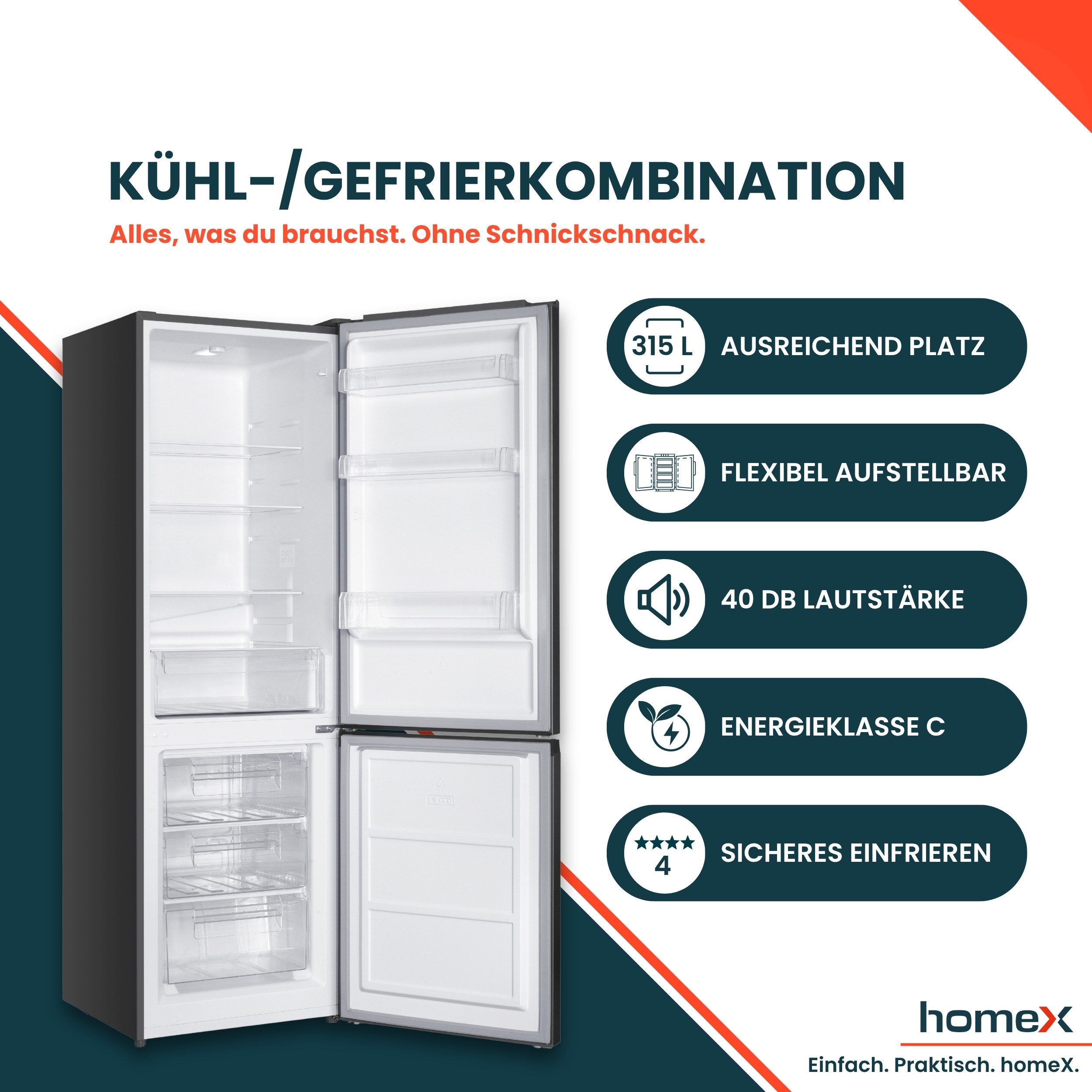 homeX Kühl-/Gefrierkombination CFS3151C-S, 186 cm hoch, 60 cm breit, 315 Liter Nutzinhalt, Kühlschrank mit Gefrierfach, freistehend, groß – Bild 2 von 5