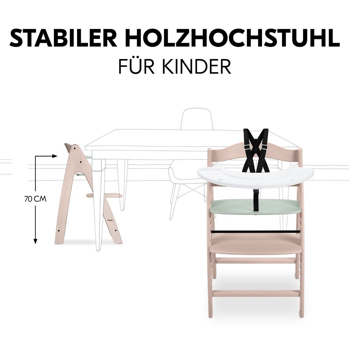 Hauck Hochstuhl Arketa - Beech Whitewashed Mint, Mitwachsender Holz Kinderhochstuhl mit Spielbrett (ohne Spielaufsatz)