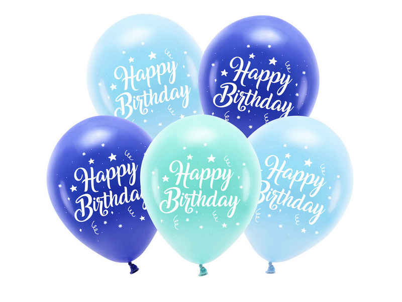 partydeco Luftballon, Öko Luftballons Happy Birthday 26cm Hellblau / Blau / Mint 5er Set