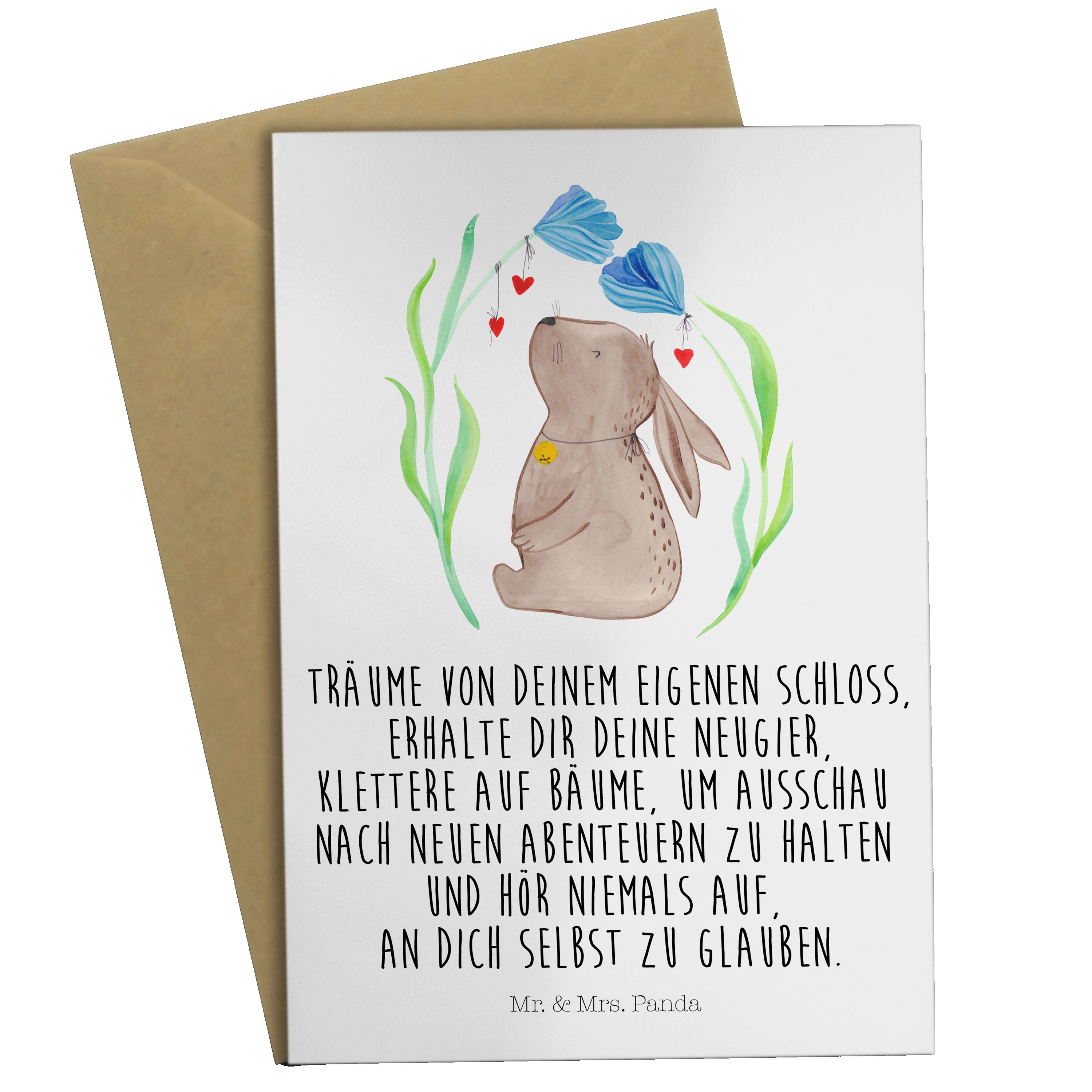 Mr. & Mrs. Panda Grußkarte Hase Blume - Weiß - Geschenk, Glückwunschkarte, Geschenk zu Ostern, O