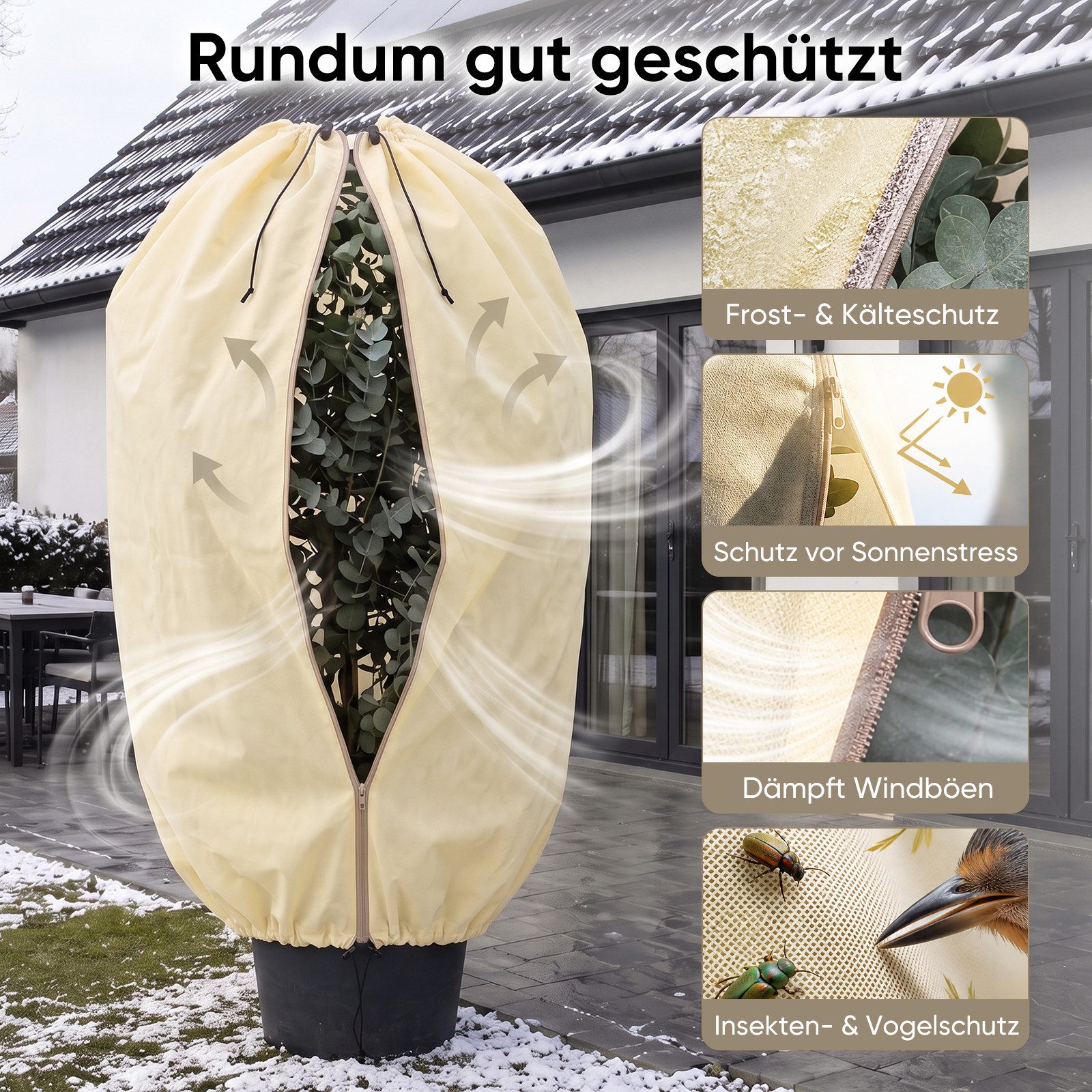 Sekey Winterschutzhaube Winterschutz für Pflanzen Frostschutz Haube mit 2 Zugbändern (2-St), Beige, 80x100cm Vlieshülle, Pflanzenabdeckung mit doppeltem Zugband – Bild 5 von 5