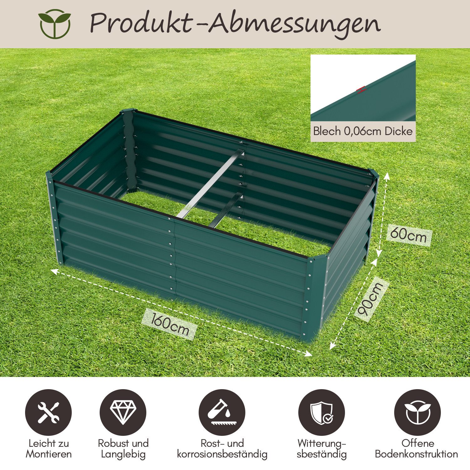 Clanmacy Hochbeet Hochbeet Gemüsebeet Pflanzbeet Grün Metall Pflanzkasten 160x90x60cm