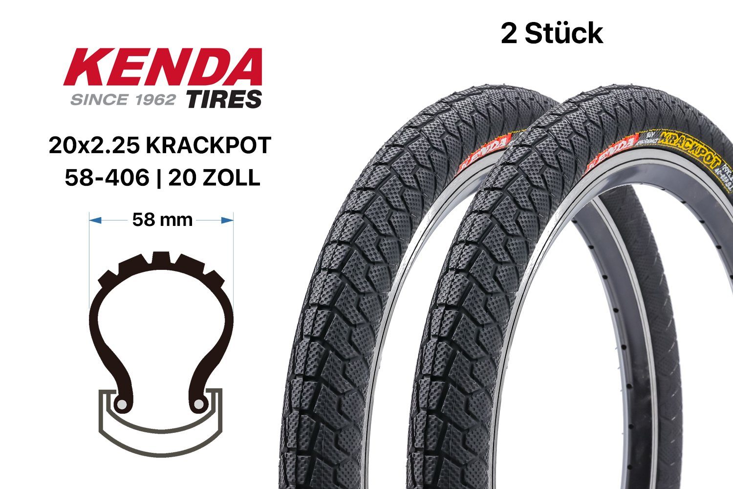 KENDA Fahrradreifen 2 Stück BMX Street Reifen KRACKPOT 20x2.25 MTB, (2-tlg)