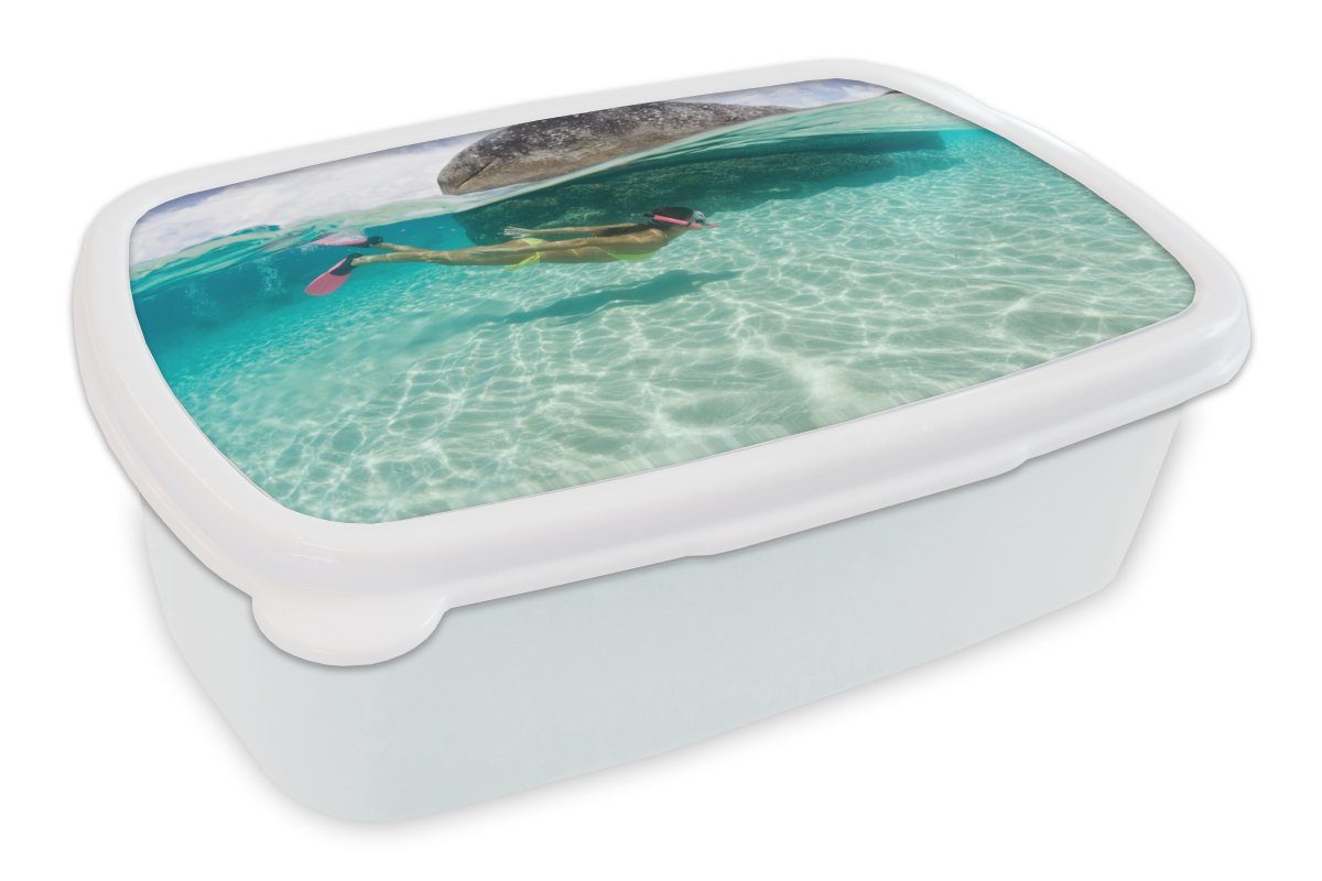 MuchoWow Lunchbox Meer - Tauchen - Türkis, Kunststoff, (2-tlg), Brotbox für Kinder und Erwachsene, Brotdose, für Jungs und Mädchen weiß
