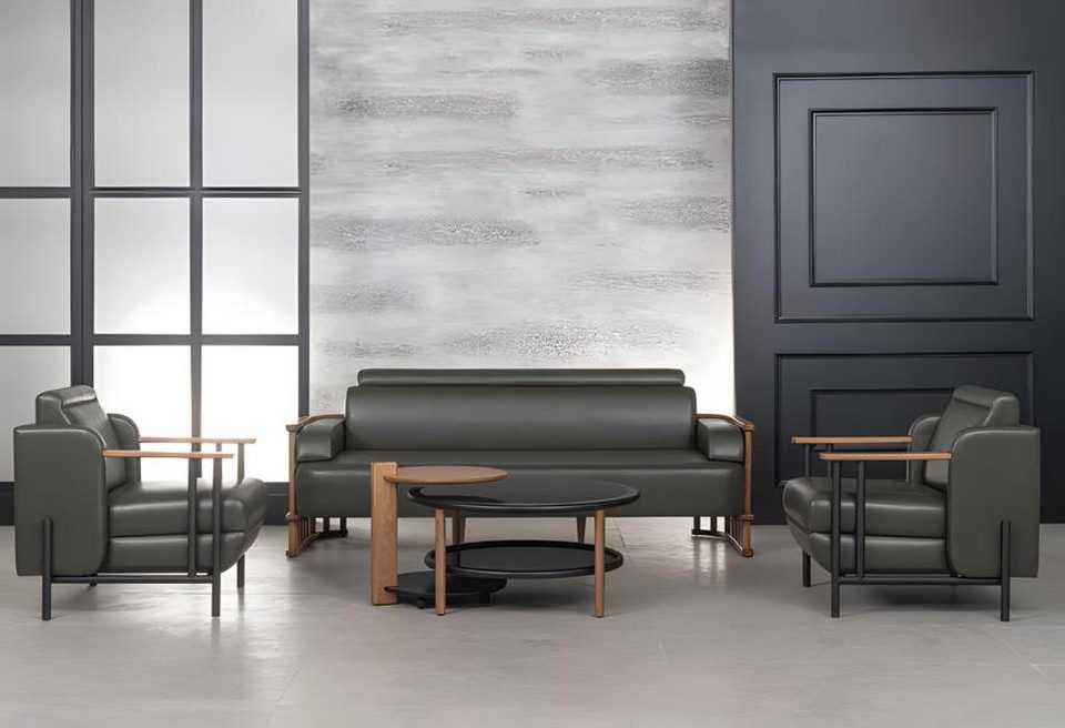 Xlmoebel Büromöbel-Set Designer Büromöbel Set Schwarz aus Leder mit Sofa und Sesseln, Made in Europa