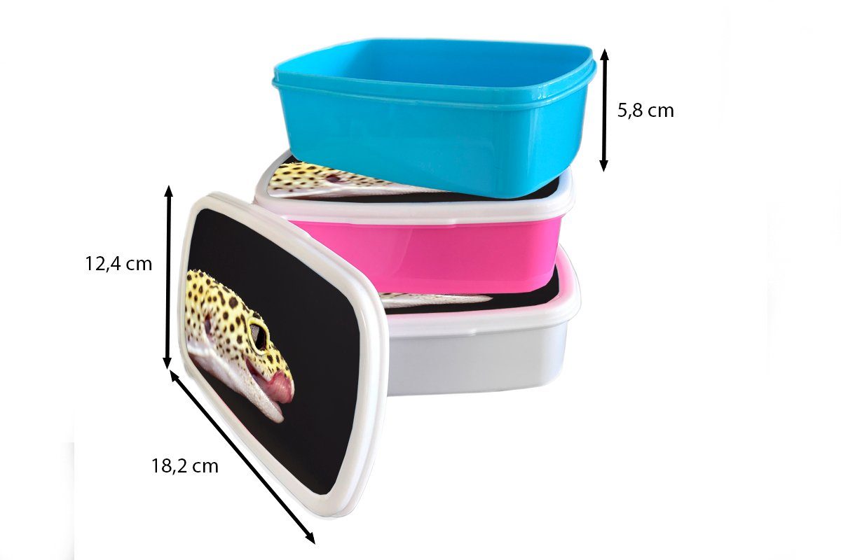 MuchoWow Lunchbox Leopardgecko auf Snackbox, für Kunststoff, rosa Hintergrund Mädchen, Zunge, Kinder, (2-tlg), mit Brotdose Brotbox schwarzem Kunststoff Erwachsene, heraushängender