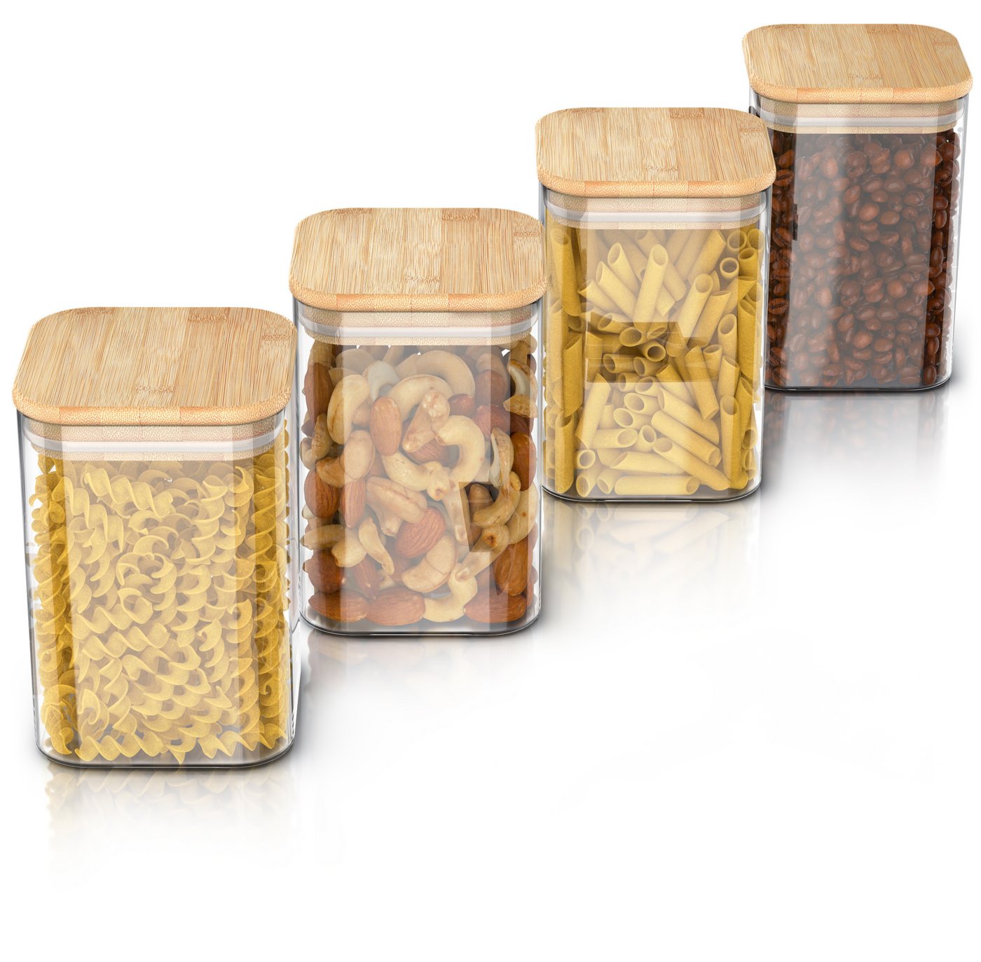 Arendo Aufbewahrungsbecher Glasbehälter-Set 4x 1,2 L Borosilikatglas mit Bambusdeckel, luftdicht, Borosilikatglas, Bambus, Silikon, (Vorratsbehälter-Set, 4-tlg., 4er Set), Hitzebeständig, umweltfreundlich, langlebig, mikrowellengeeignet