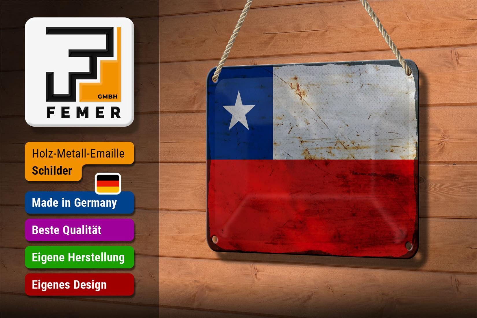 Femer GmbH Metallschild Flagge Chile 18x12cm Flag of Chile Rost, (1 St), gewölbte Oberfläche, abgerundete Ecken, umgeschlagene Kanten