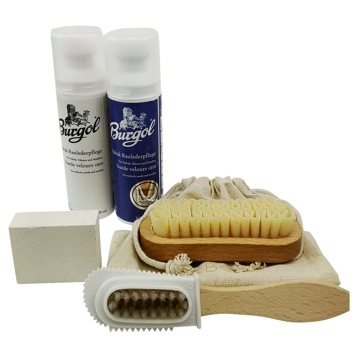 Hebold Schuhpflegeset für Nubuk-und Raulederpflegeset Farblos und Blau mit Pf Schuhcreme