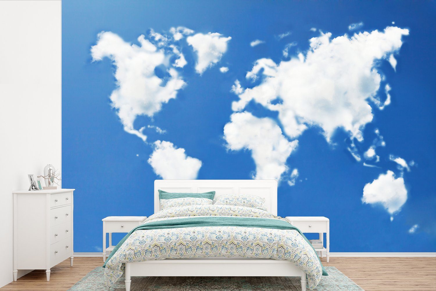 MuchoWow Fototapete Weltkarte - Wolken - Himmel - Kinder - Jungen - Mädchen, Matt, bedruckt, (6 St), Wallpaper für Wohnzimmer, Schlafzimmer, Kinderzimmer, Vinyl Tapete