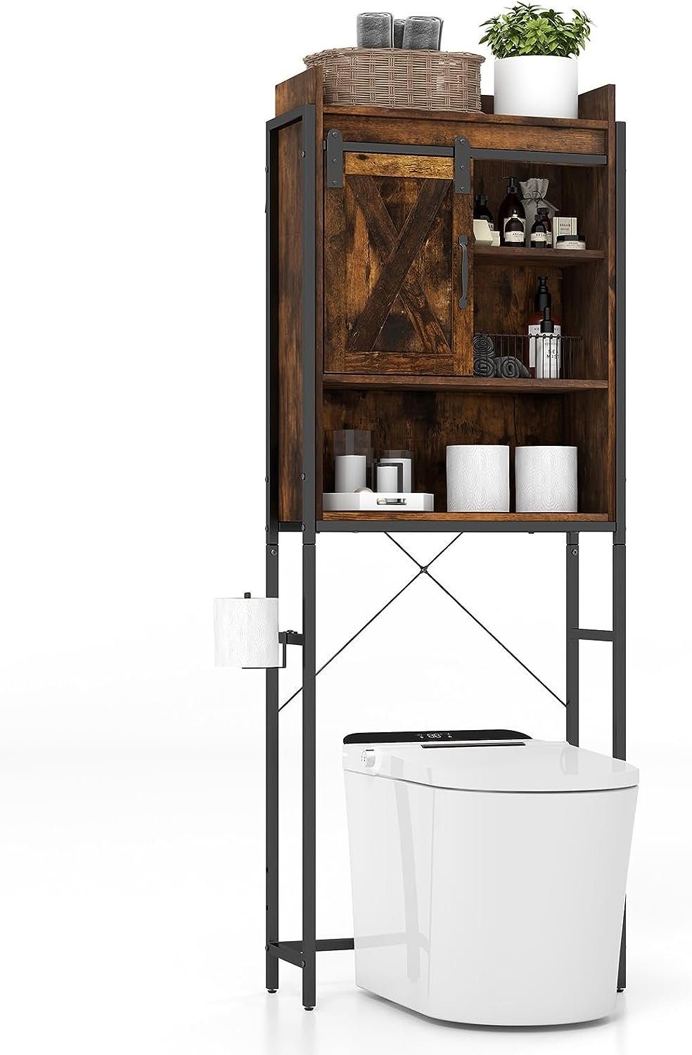 KOMFOTTEU Badregal 4-stöckiger Toilettenschrank, mit Scheunentür Kaffee