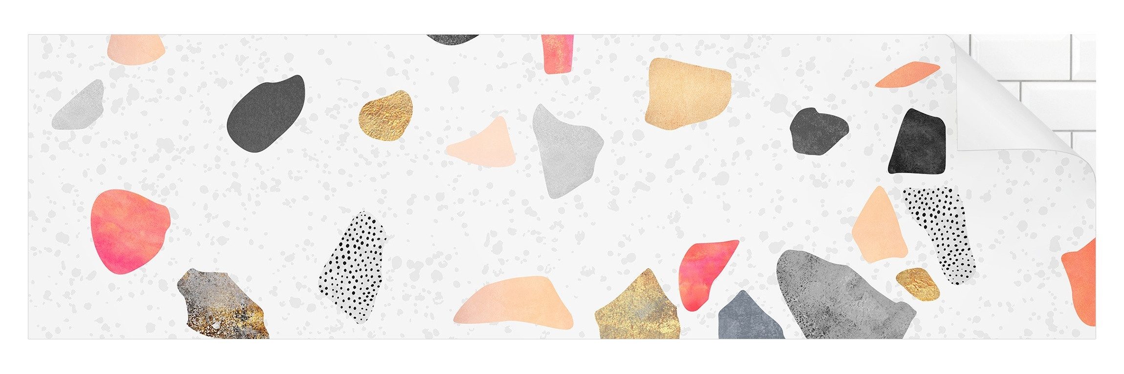 Bilderdepot24 Badrückwand weiss fugenlose Wandverkleidung Bad Abstrakt, (Hartfolie matt » Selbstklebend SMART 0,35 mm), wasserfestes Wandpaneel Weißer Terrazzo Goldsteinchen