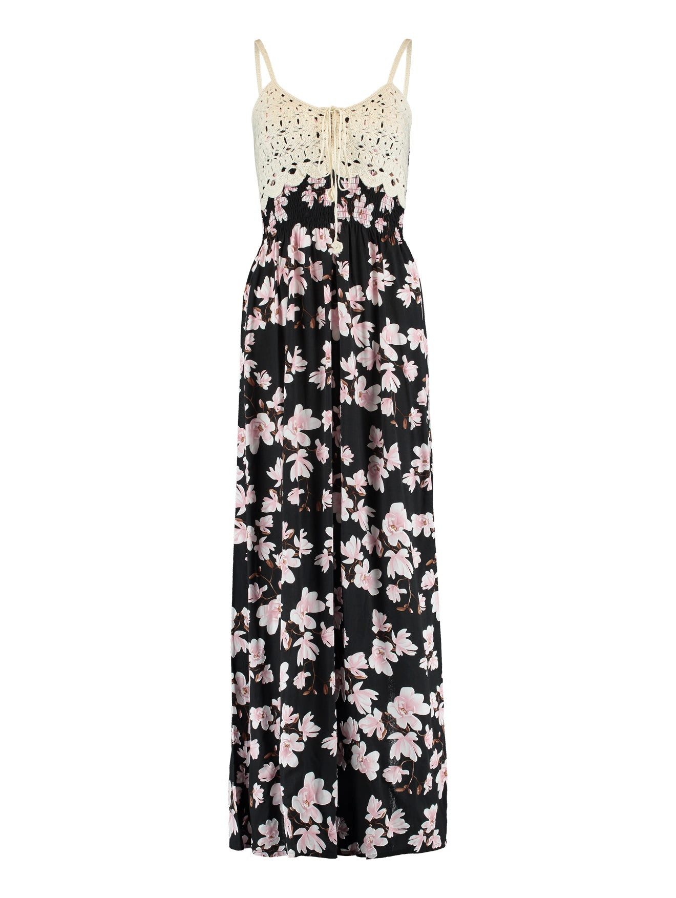 Maxikleid Damen Elegantes schwarz Boho-Maxikleid blumenmuster Sommerkleid