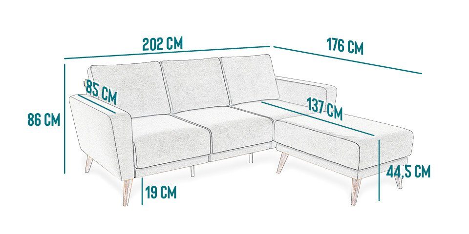 KAUTSCH.com 3-Sitzer LOTTA, L-Form, Ecksofa, erweiterbar, abnehmbarer hochwertiger in modular Europe System, made stahlgrau Longchair, Wellenfederung, Kaltschaum, zerlegbares