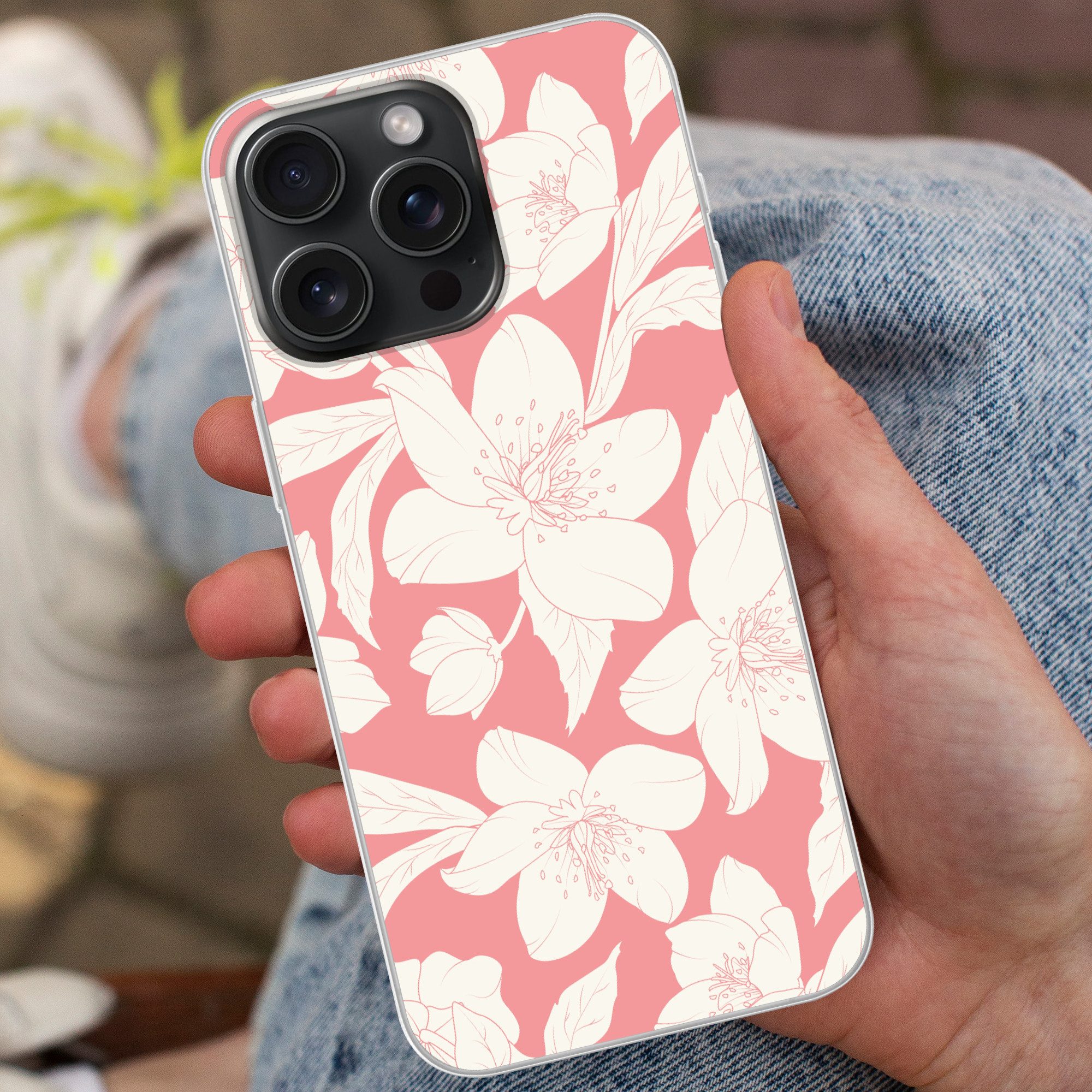 MuchoWow Handyhülle für Apple iPhone 15 Pro Max Blumen - Muster - Rosa - Weiß, Smartphone-Bumper, Print, Handy Schutzhülle Dünn
