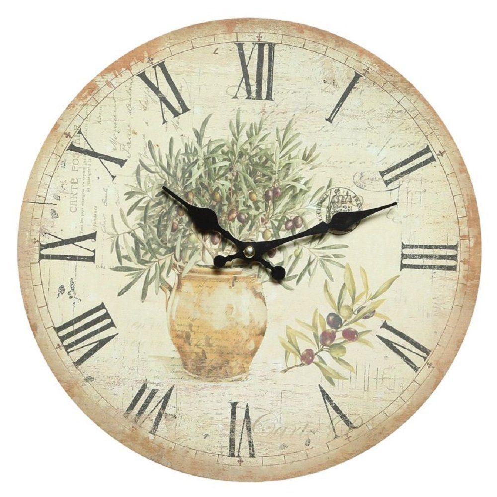 Linoows Uhr Wanduhr, Vintage Küchenuhr mit Olivenzweigen 28 cm (leise laufende Vintage Landhaus Uhr)