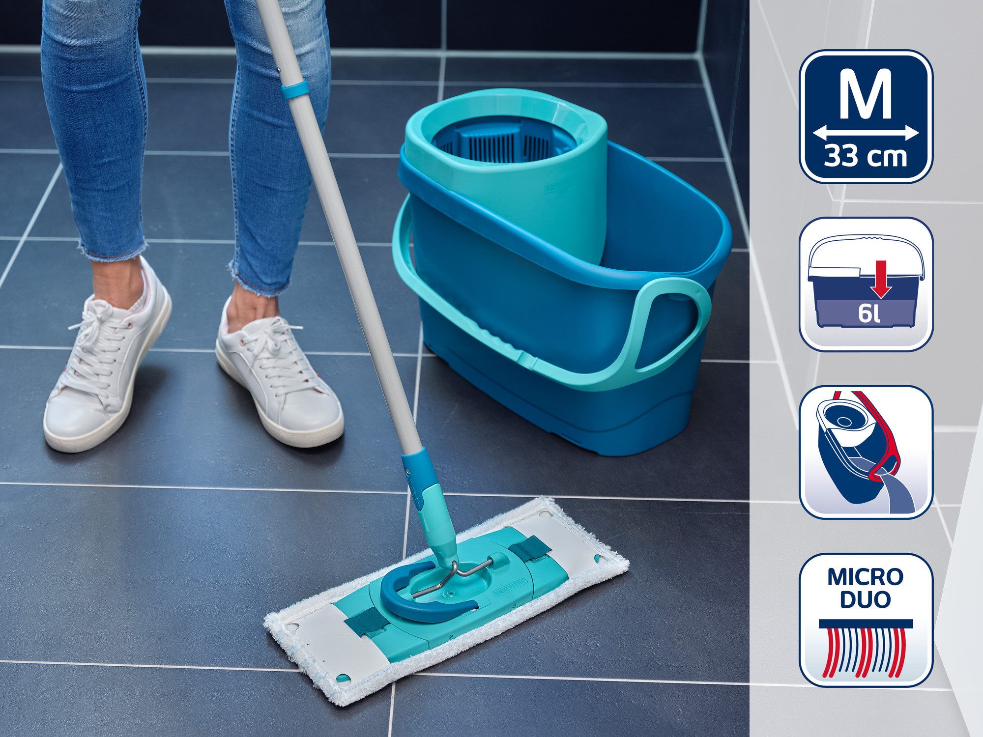 Leifheit Bodenwischer-Set Set CLEAN TWIST M Ergo (micro duo) + duster static, (5-St), Drill-Stiel-Mechanik, Wischbezüge inkl., längenverstellbar (110-140cm)