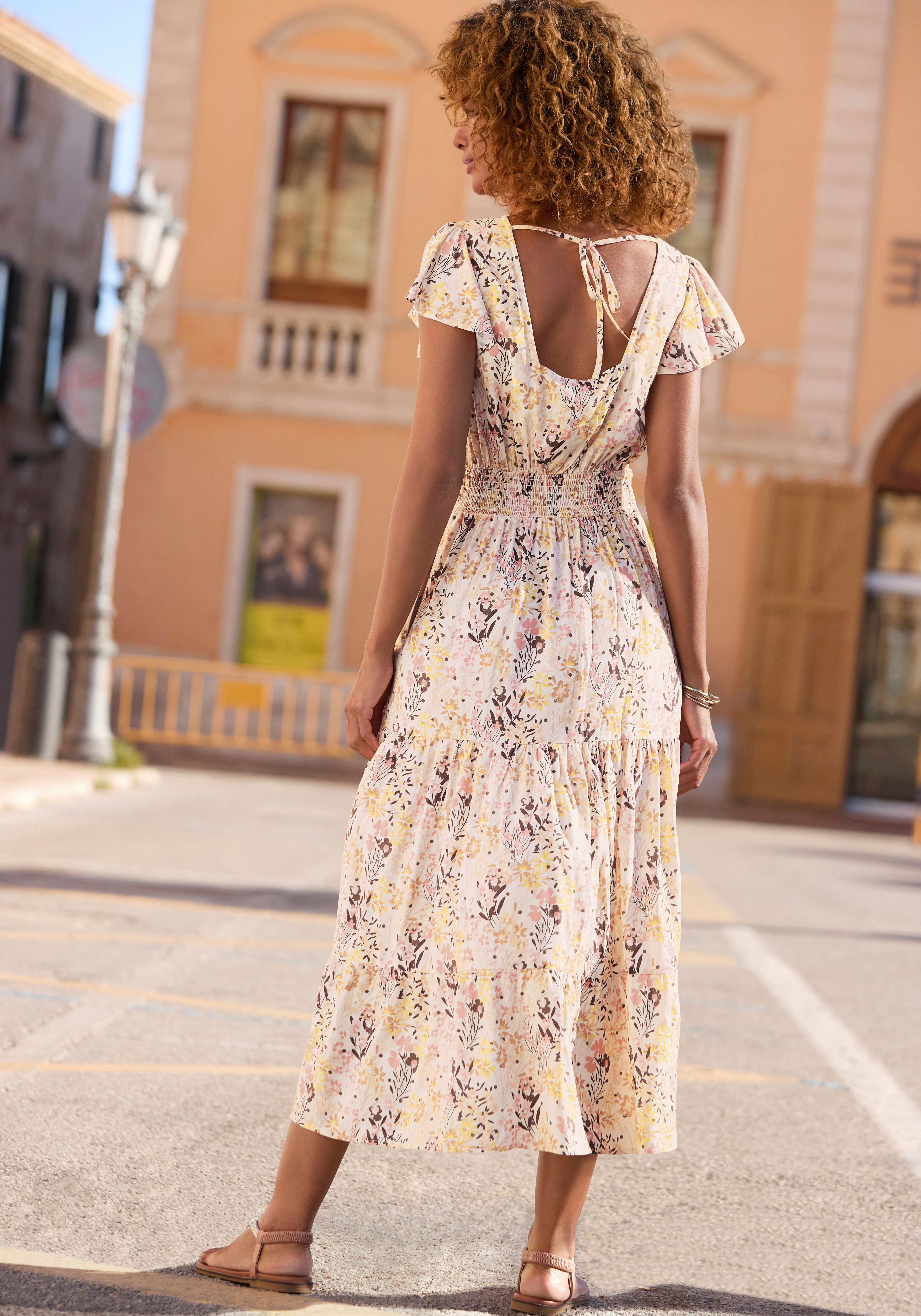 Vivance by Lascana Midikleid mit Blümchendruck und Flügelärmeln Elegantes Sommerkleid aus Webware, Blumenkleid, Druckkleid