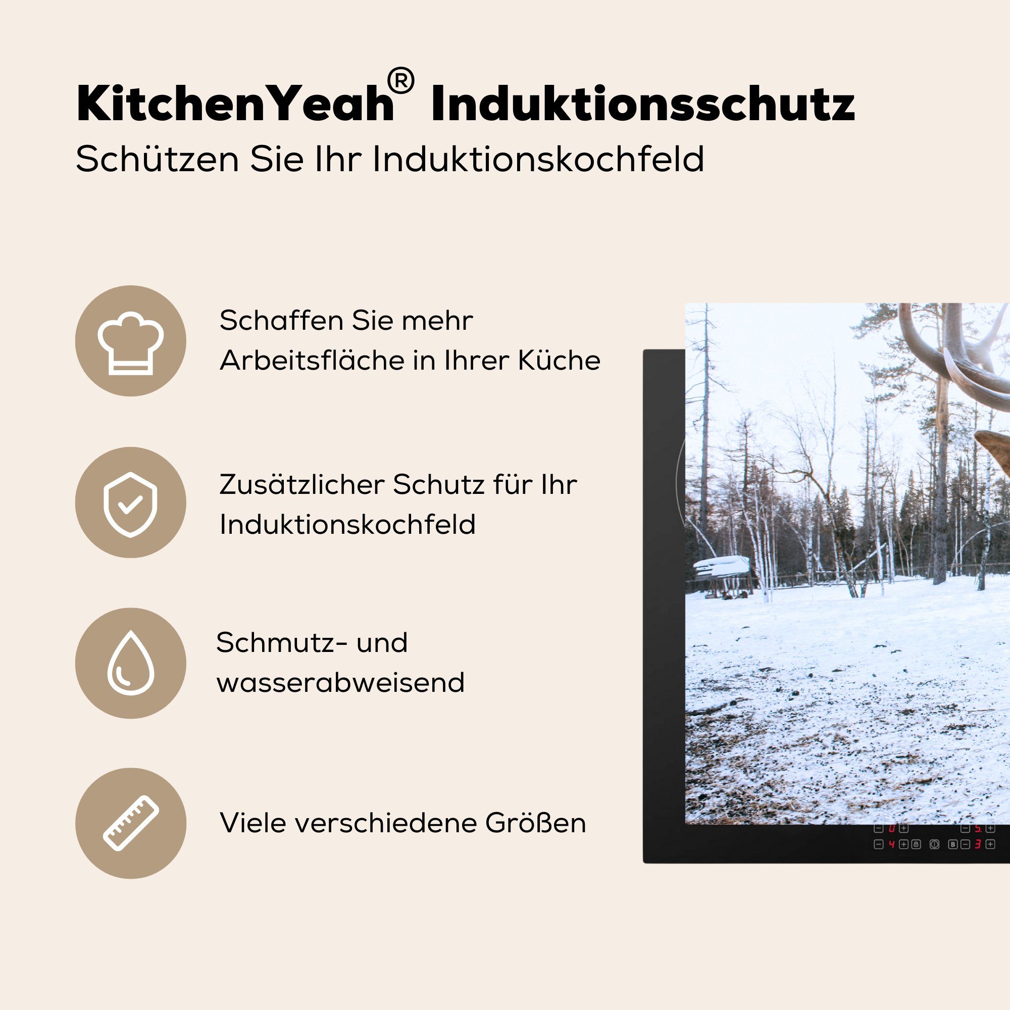küche, Induktionskochfeld Schnee - Herdblende-/Abdeckplatte 81x52 MuchoWow Nase, die cm, Schutz (1 tlg), für Rotwild Vinyl, - Ceranfeldabdeckung