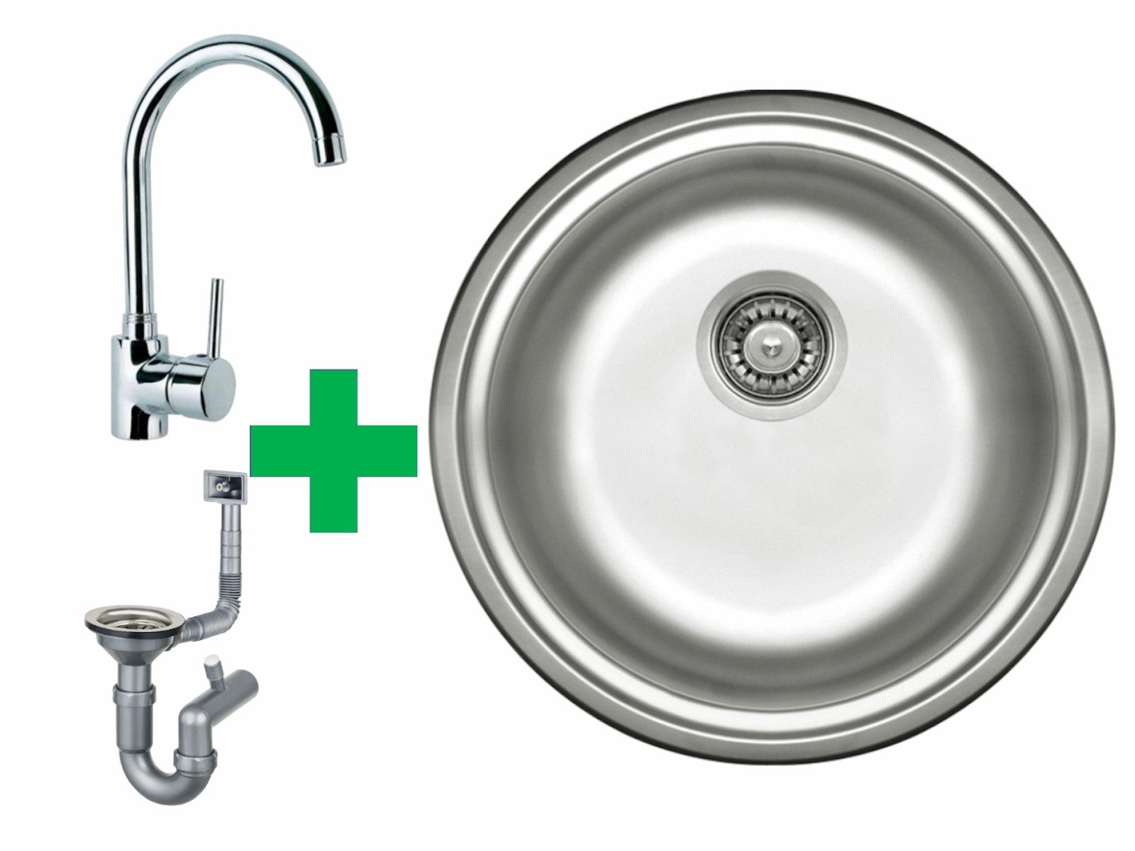 Faizee Möbel Edelstahlspüle Edelstahlspüle Ø 42 cm + Genial Armatur Küchenspüle inkl. Siphon-Set, Rund mit Armatur