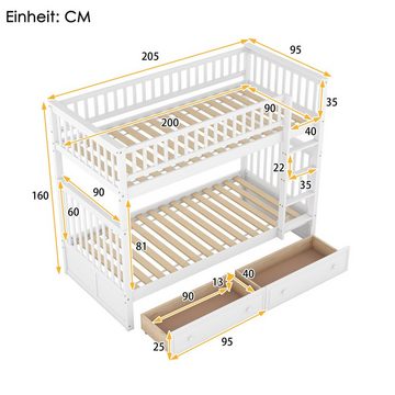 SOFTWEARY Etagenbett mit Lattenrost und Schubladen (90x200 cm), umbaufähig zu 2 Einzelbetten, Holzbett