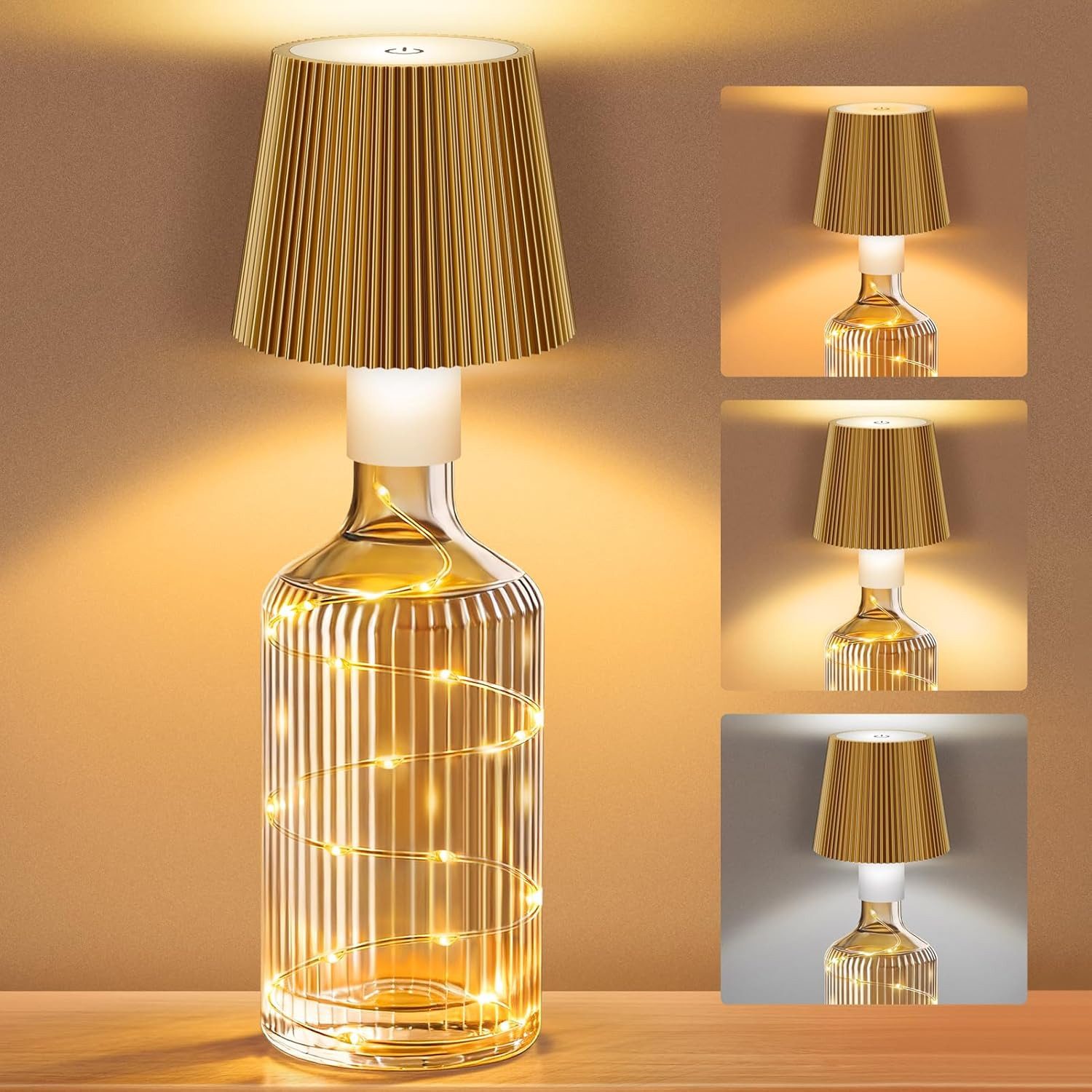 LaCute LED Dekoobjekt LED Flaschenlampe Akku Lichterkette USB-C Touch Dimmbar Gold, LED fest integriert, Kaltweiß (6000 K), Warmweiß (3000 K), Neutralweiß (4500 K), 3 Lichtfarben, dimmbar, USB-C Akku, 40 LEDs, Touchsteuerung