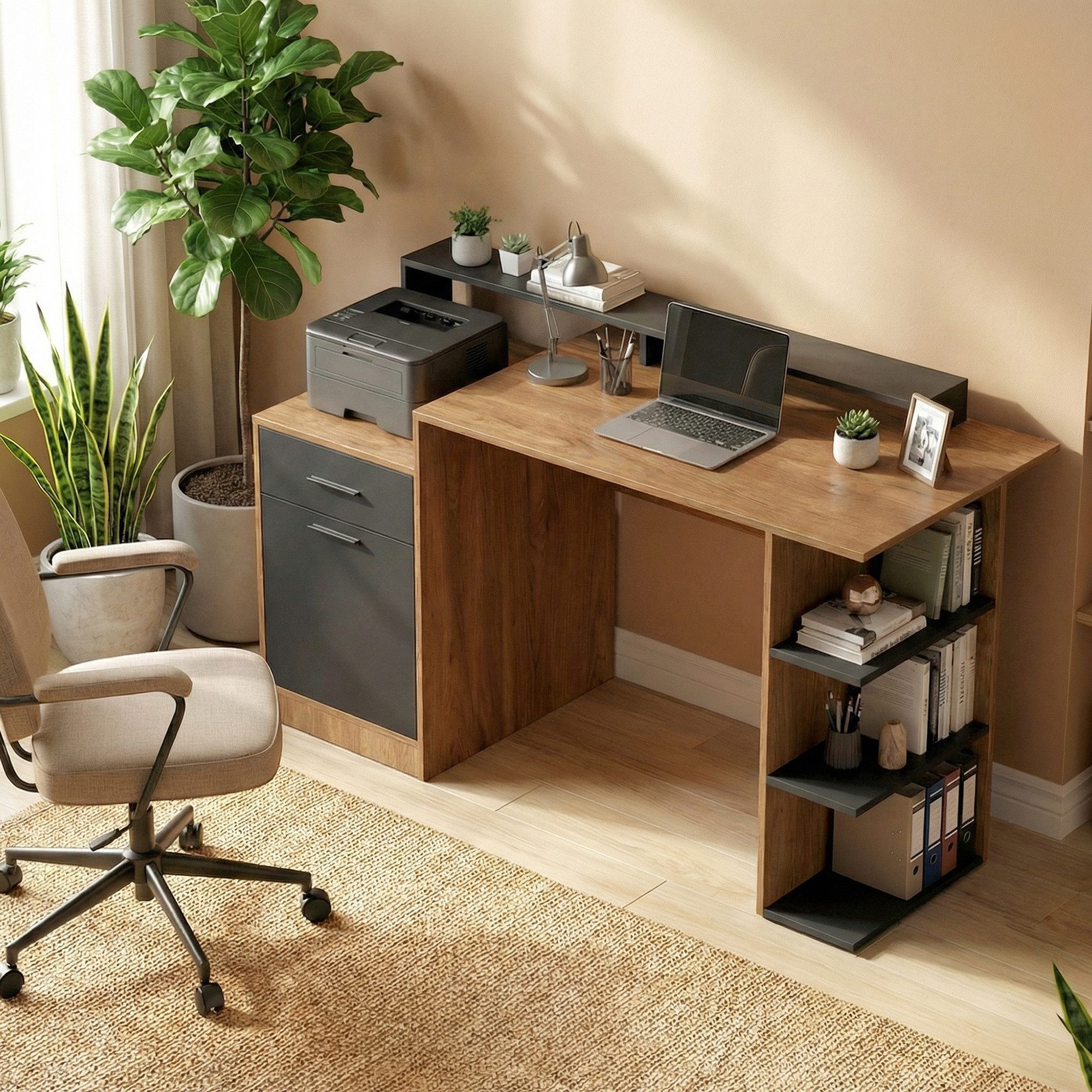 HOMCOM Schreibtisch PC Tisch für Home Office (Computertisch, 1-St., PC Tisch), mit Schublade, Schrank, Regalen
