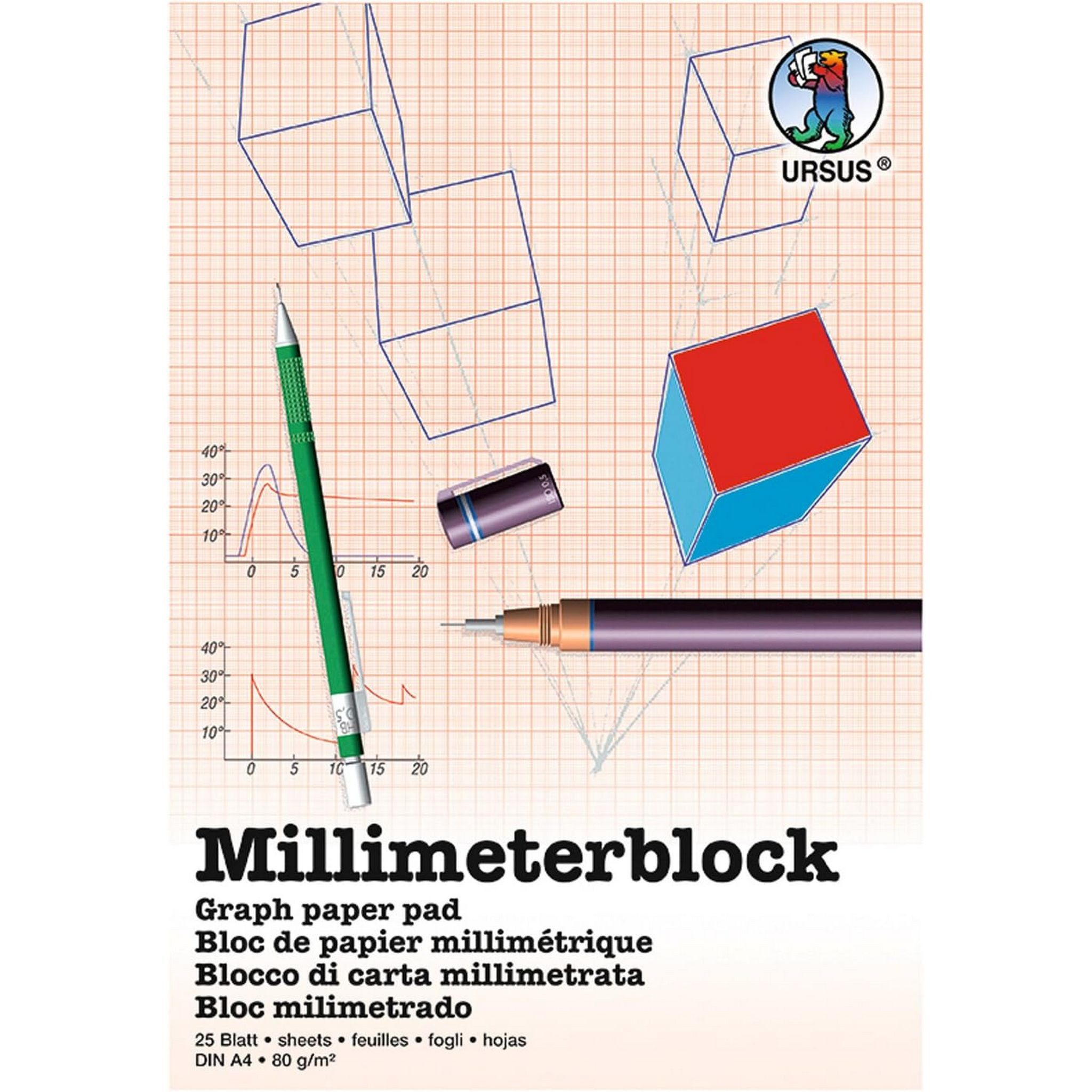 Ursus - Ludwig Bähr Millimeterpapier URSUS Millimeterblock DIN A4 25 Blatt Raster 1mm Gitternetz rot für te