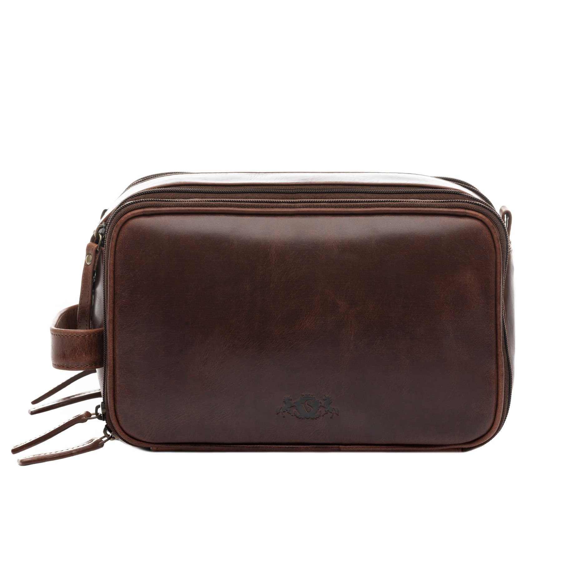 SID & VAIN Kulturbeutel echt Leder Kulturtasche groß Ledertasche braun LOUIS, Waschbeutel Echtleder für Damen & Herren, Kosmetiktasche braun-cognac