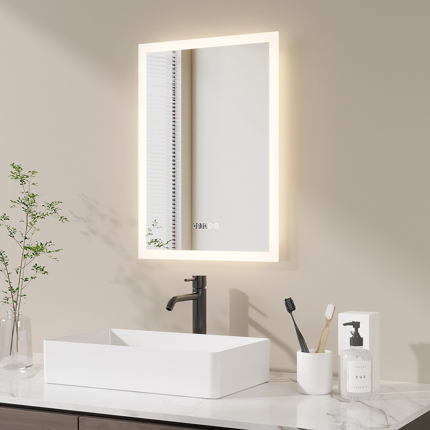 AQUABATOS Badspiegel Spiegel mit LED Beleuchtung Wandspiegel Badezimmerspiegel 50 x 70 cm, Kosmetikspiegel Badspiegel Beschlagfrei 3 Lichtfarben Digitaluhr