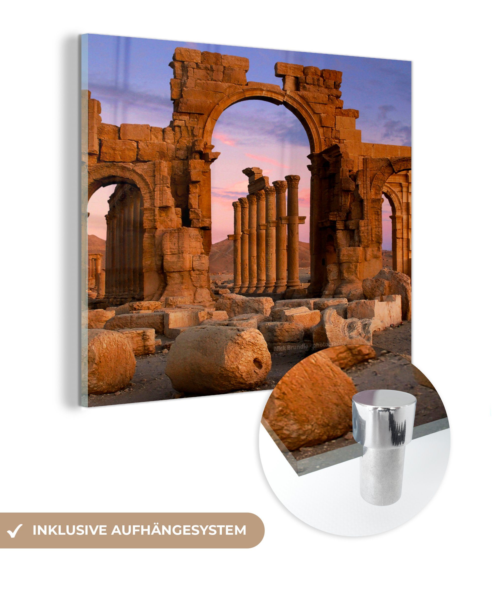 MuchoWow Acrylglasbild Sonnenuntergang an den antiken Triumphbögen in Syrien, (1 St), Glasbilder - Bilder auf Glas Wandbild - Foto auf Glas - Wanddekoration