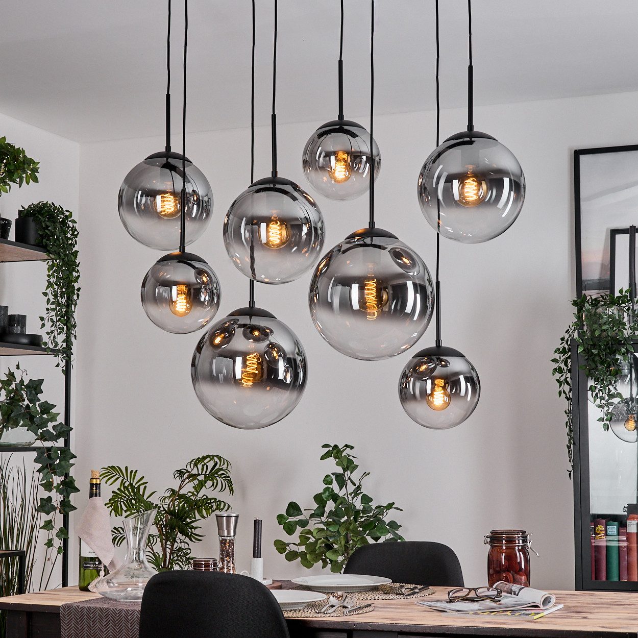 hofstein Hängeleuchte Hängelampe aus Metall/Glas in Schwarz/Rauchfarben/Klar, ohne Leuchtmittel, moderne Pendelleucht im Vintage-Design (20, 25, 30 cm), 8 x E27