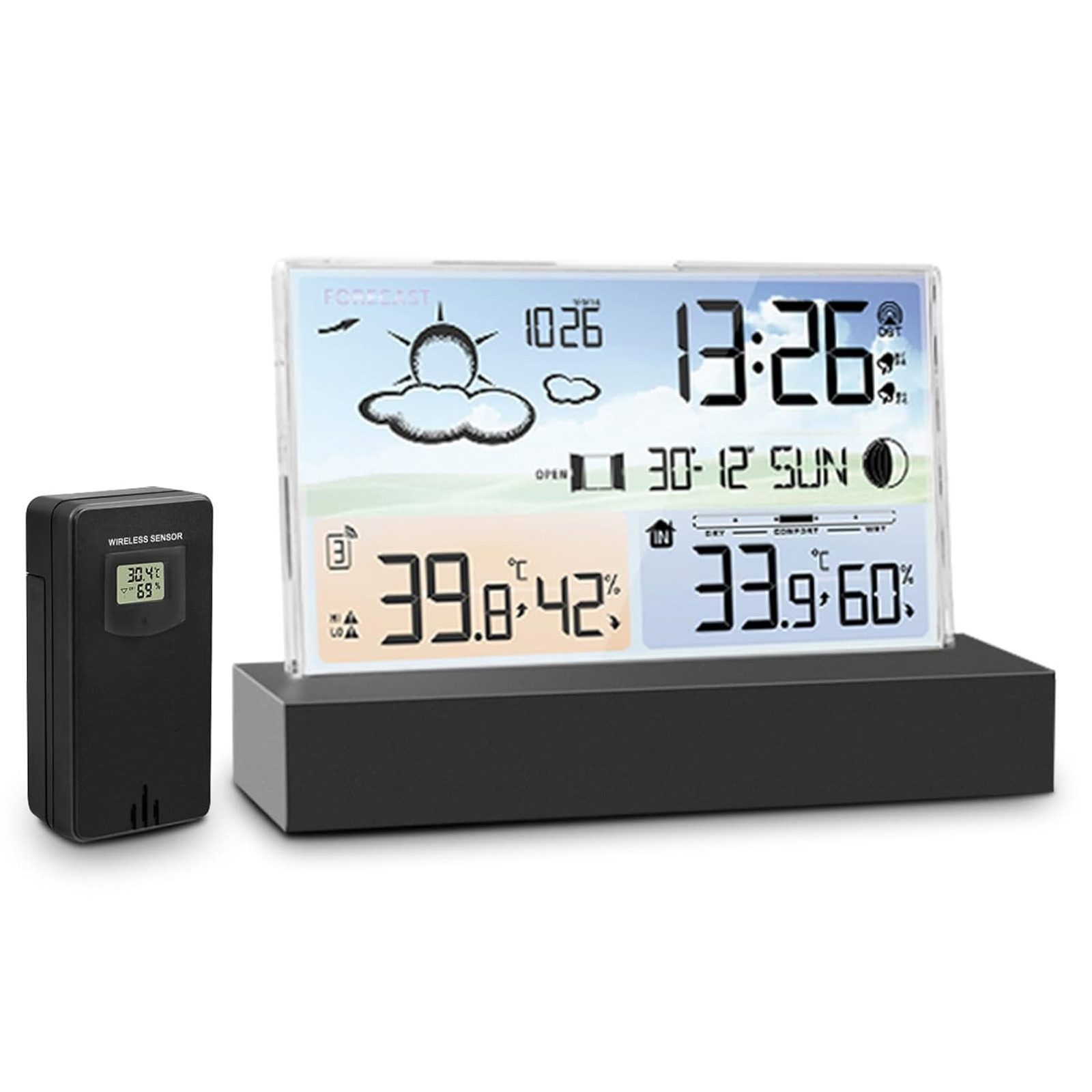 BlingBin Funk mit Außensensor Wetterstation Wireless Indoor Outdoor Thermometer Wetterstation (Farbdisplay Digital Heim-Wetterstation mit Wettervorhersage)
