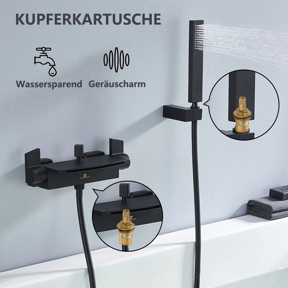 HOMELODY Duscharmatur Wasserfall Wasserhahn Bad Duscharmatur komplett set Mit Handbrause (Set) Wasserfall, Regenstrahl,Messing,Schwarz matt